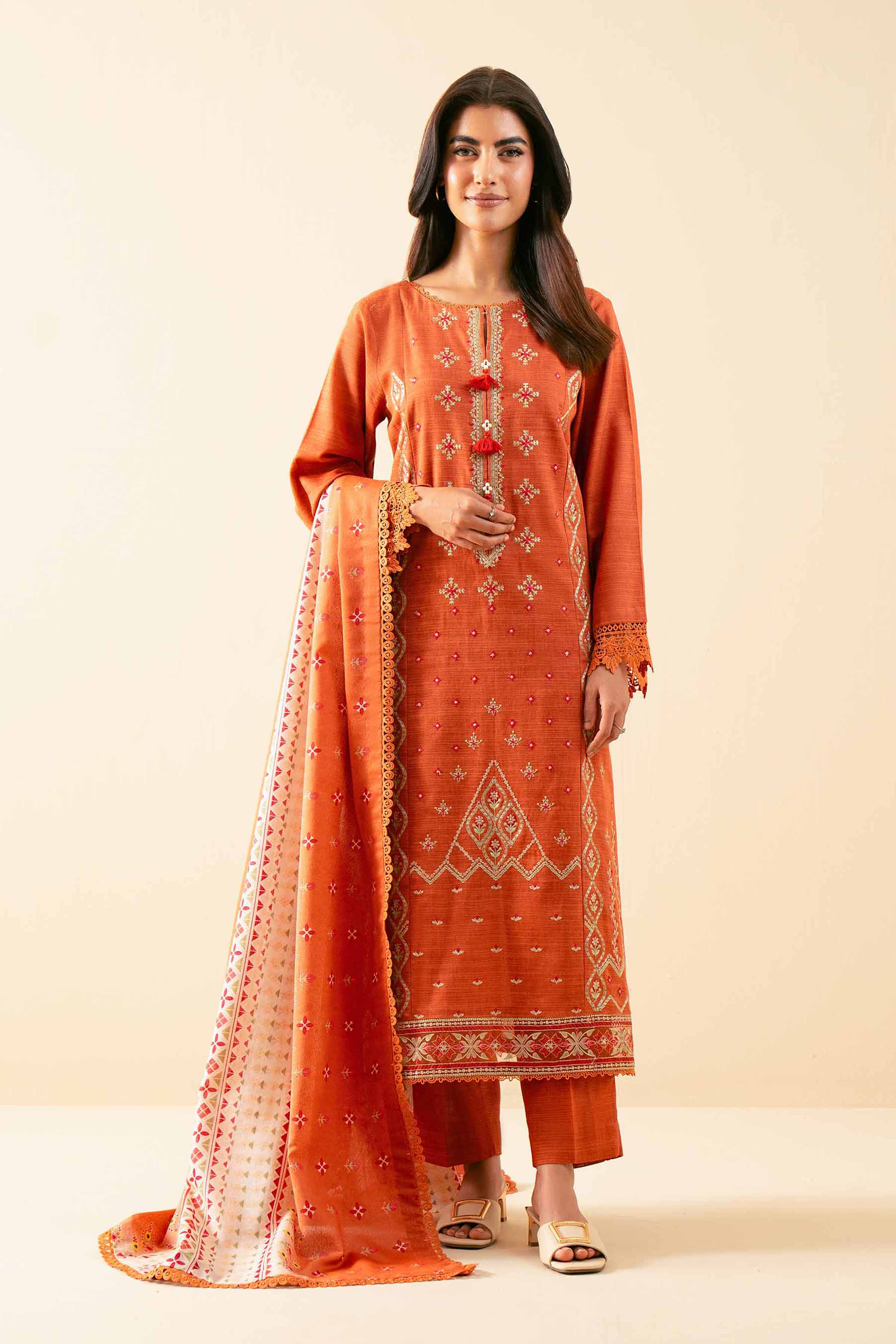 NISHATUAE - Rust Embroidered Khaddar 3-piece Unstitched Suit