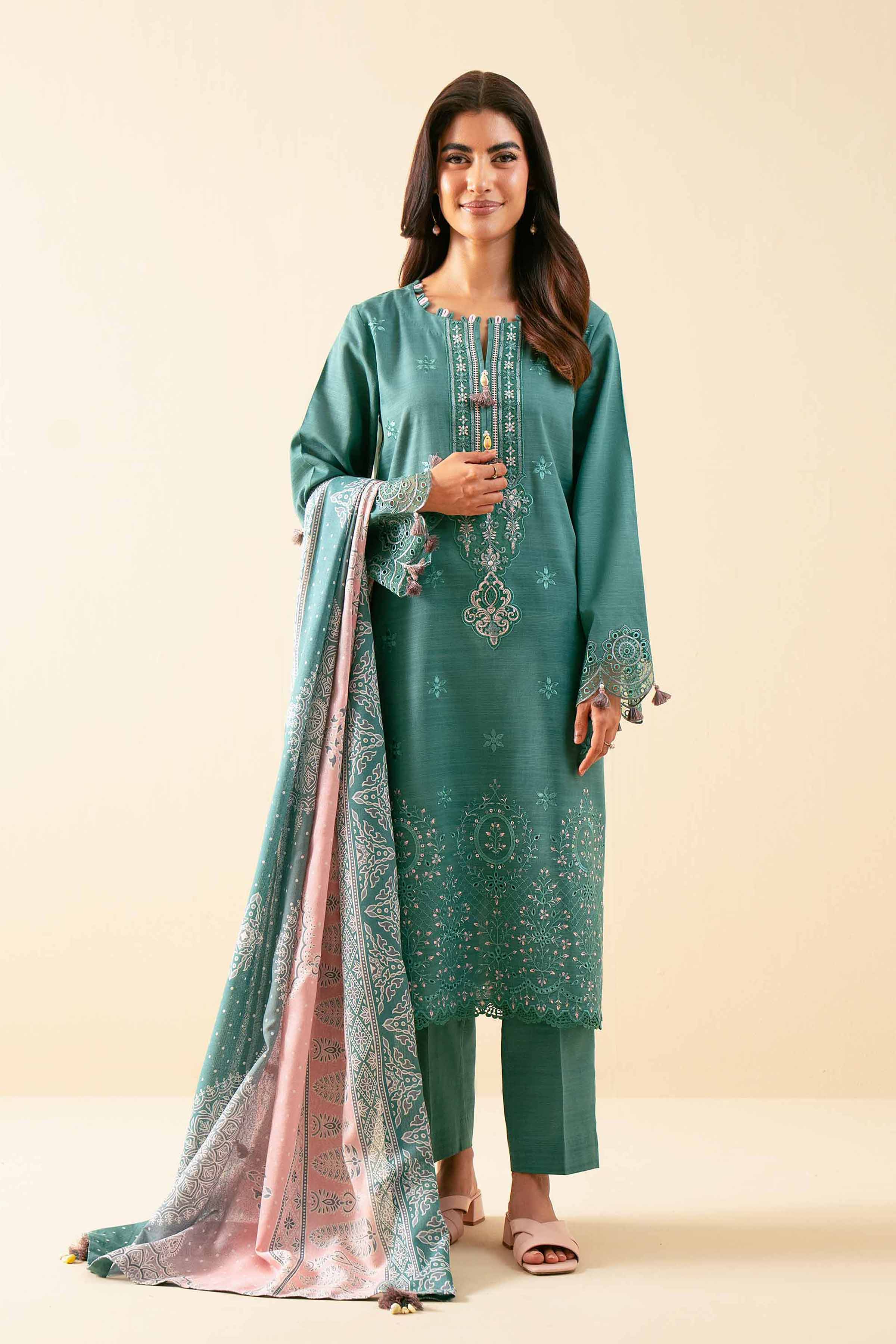 NISHATUAE - Teal Embroidered Khaddar 3-piece Unstitched Suit