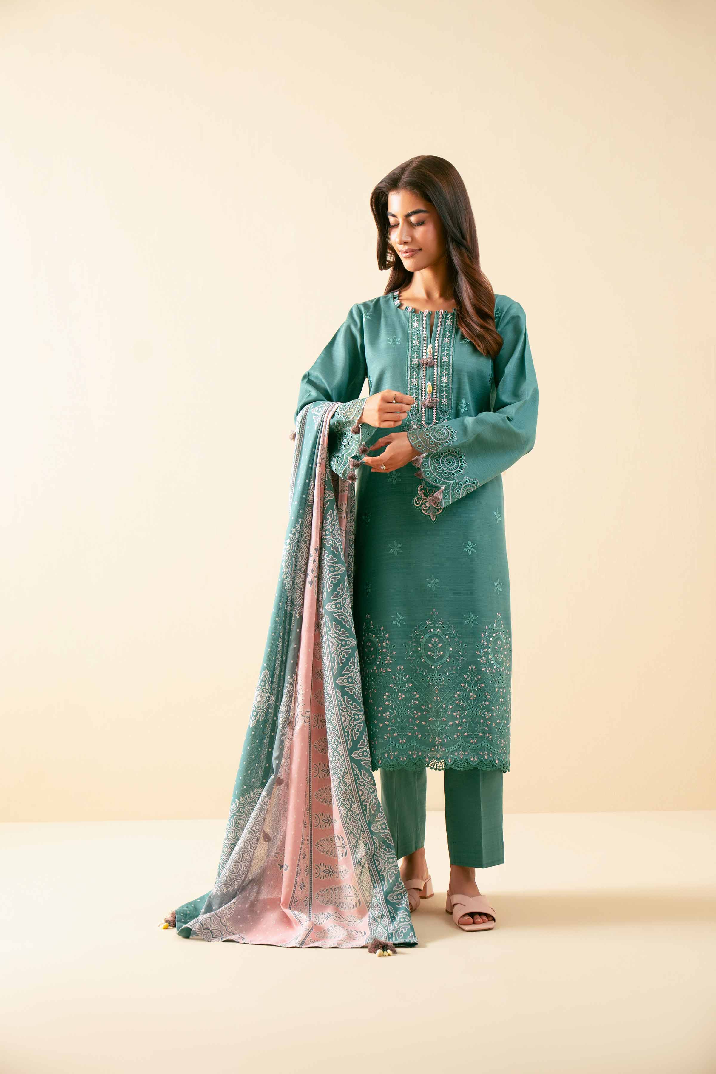 NISHATUAE - Teal Embroidered Khaddar 3-piece Unstitched Suit