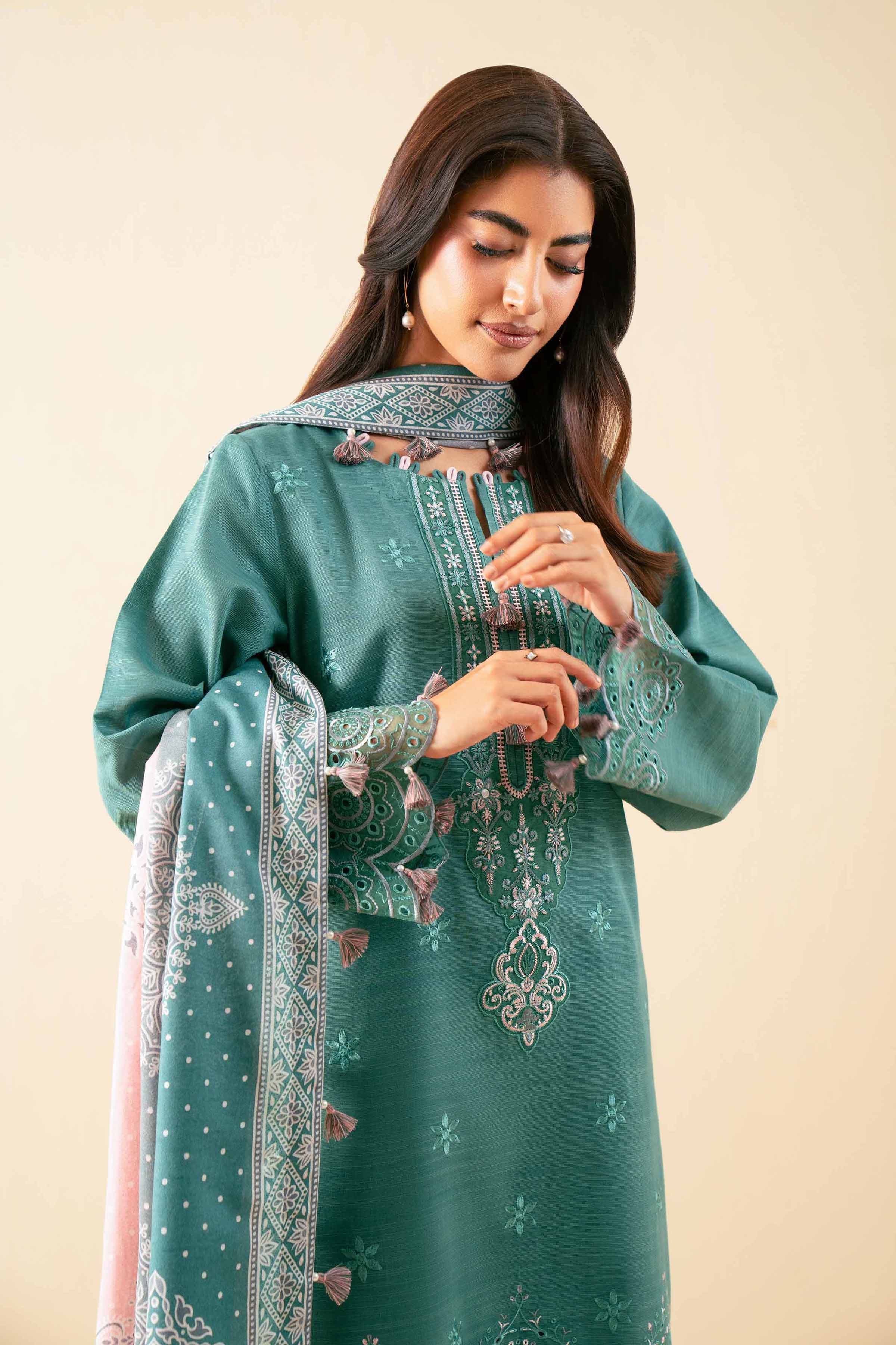 NISHATUAE - Teal Embroidered Khaddar 3-piece Unstitched Suit
