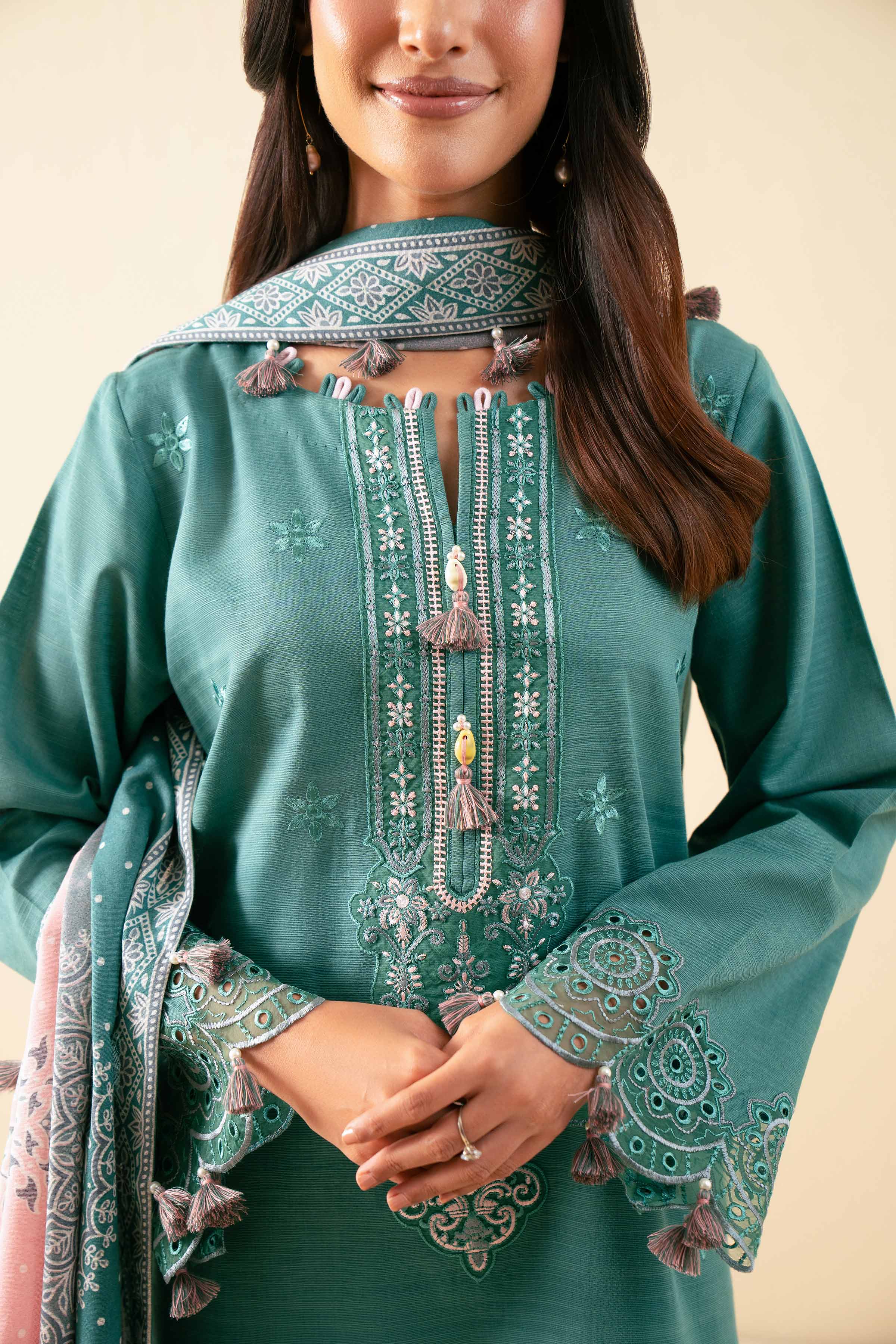 NISHATUAE - Teal Embroidered Khaddar 3-piece Unstitched Suit