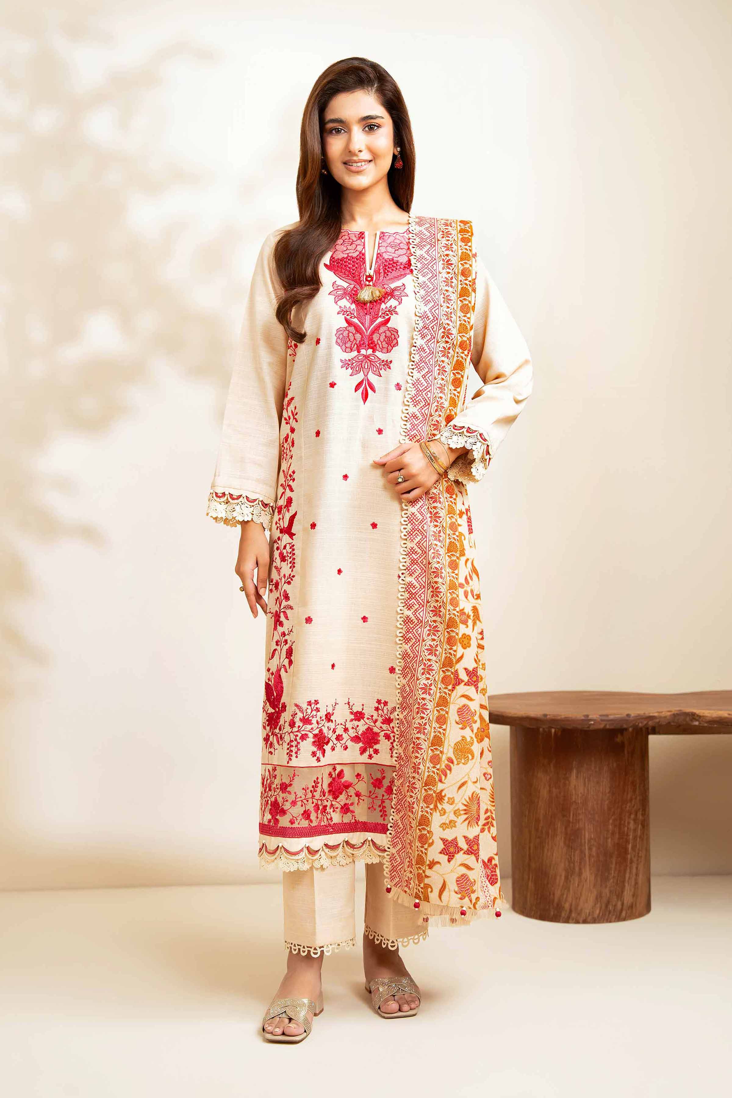 NISHATUAE - Beige Embroidered Khaddar 3-piece Unstitched Suit
