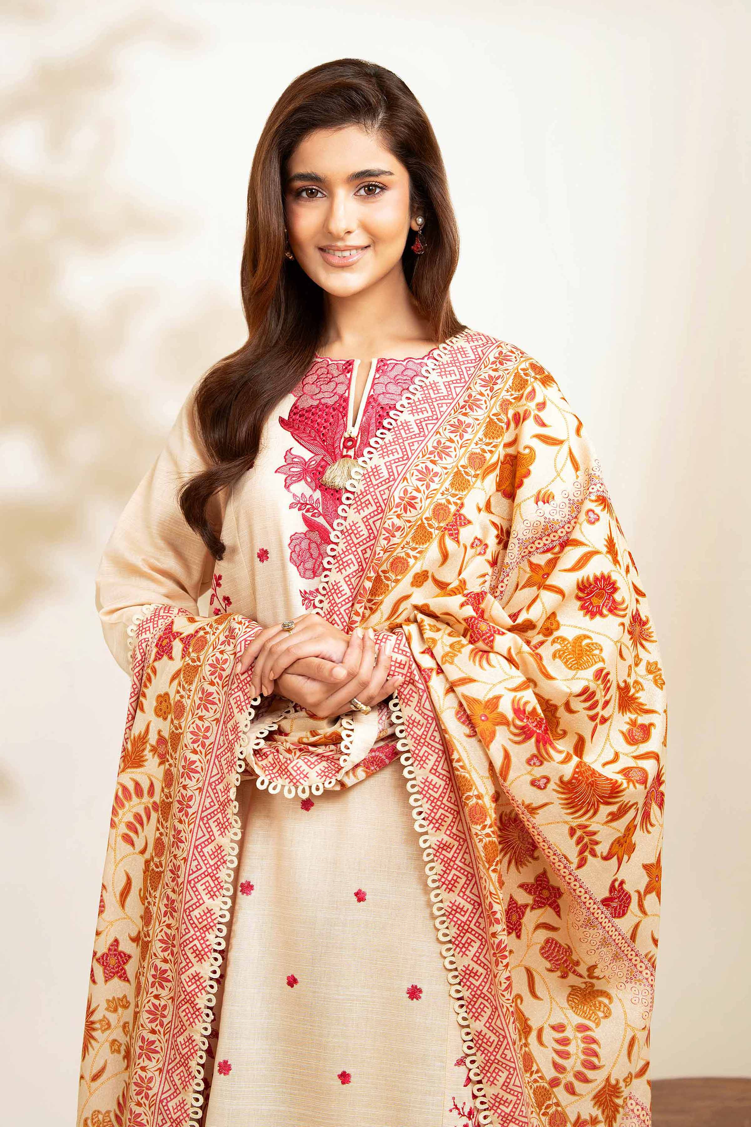 NISHATUAE - Beige Embroidered Khaddar 3-piece Unstitched Suit