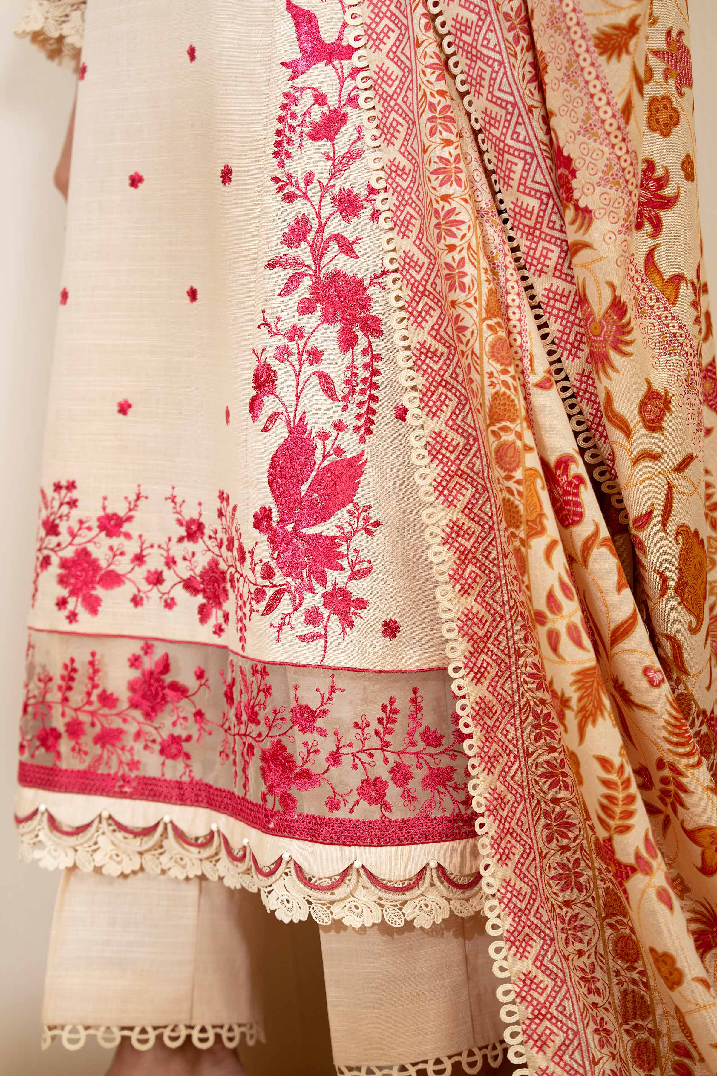 NISHATUAE - Beige Embroidered Khaddar 3-piece Unstitched Suit