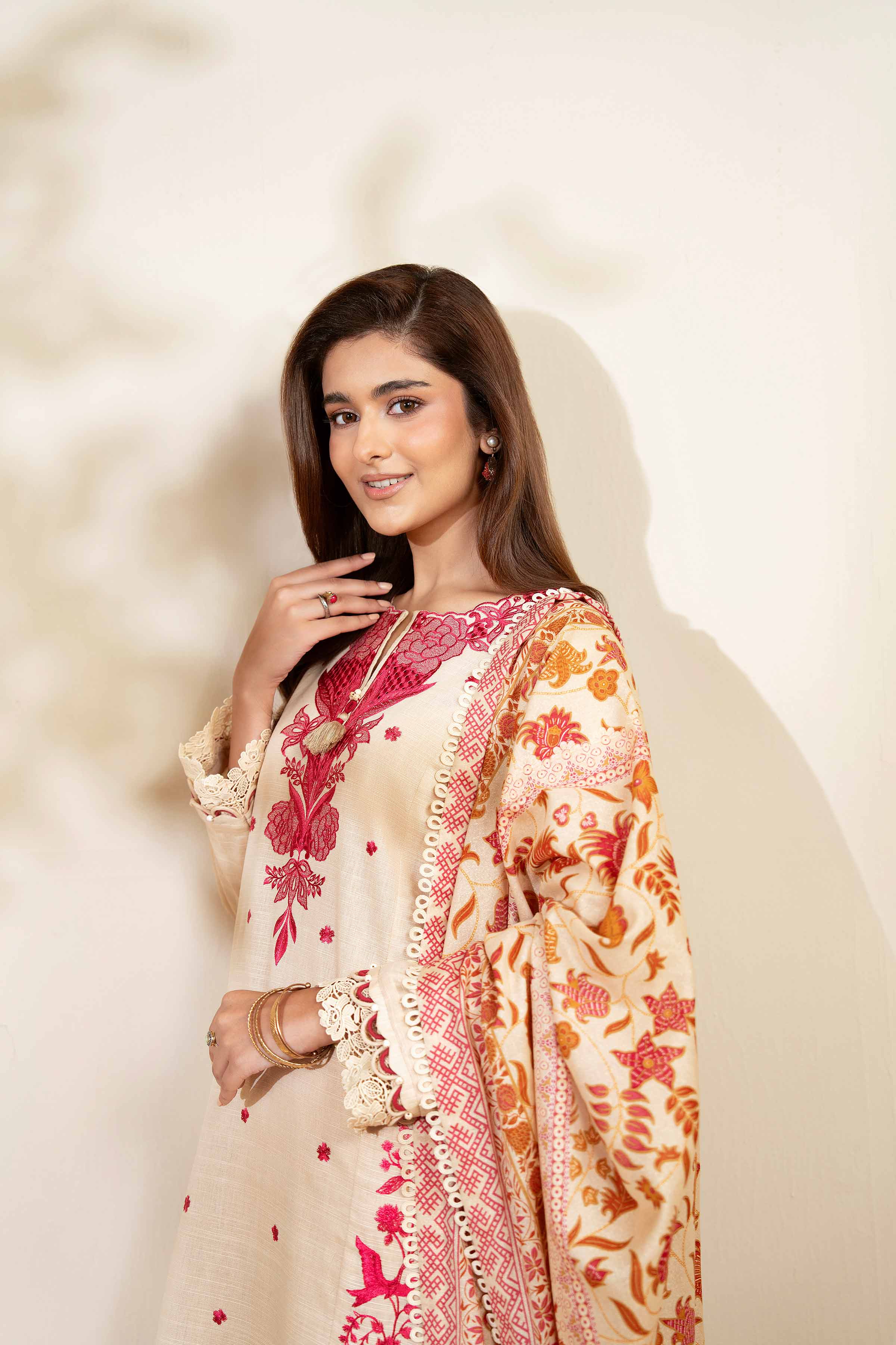 NISHATUAE - Beige Embroidered Khaddar 3-piece Unstitched Suit