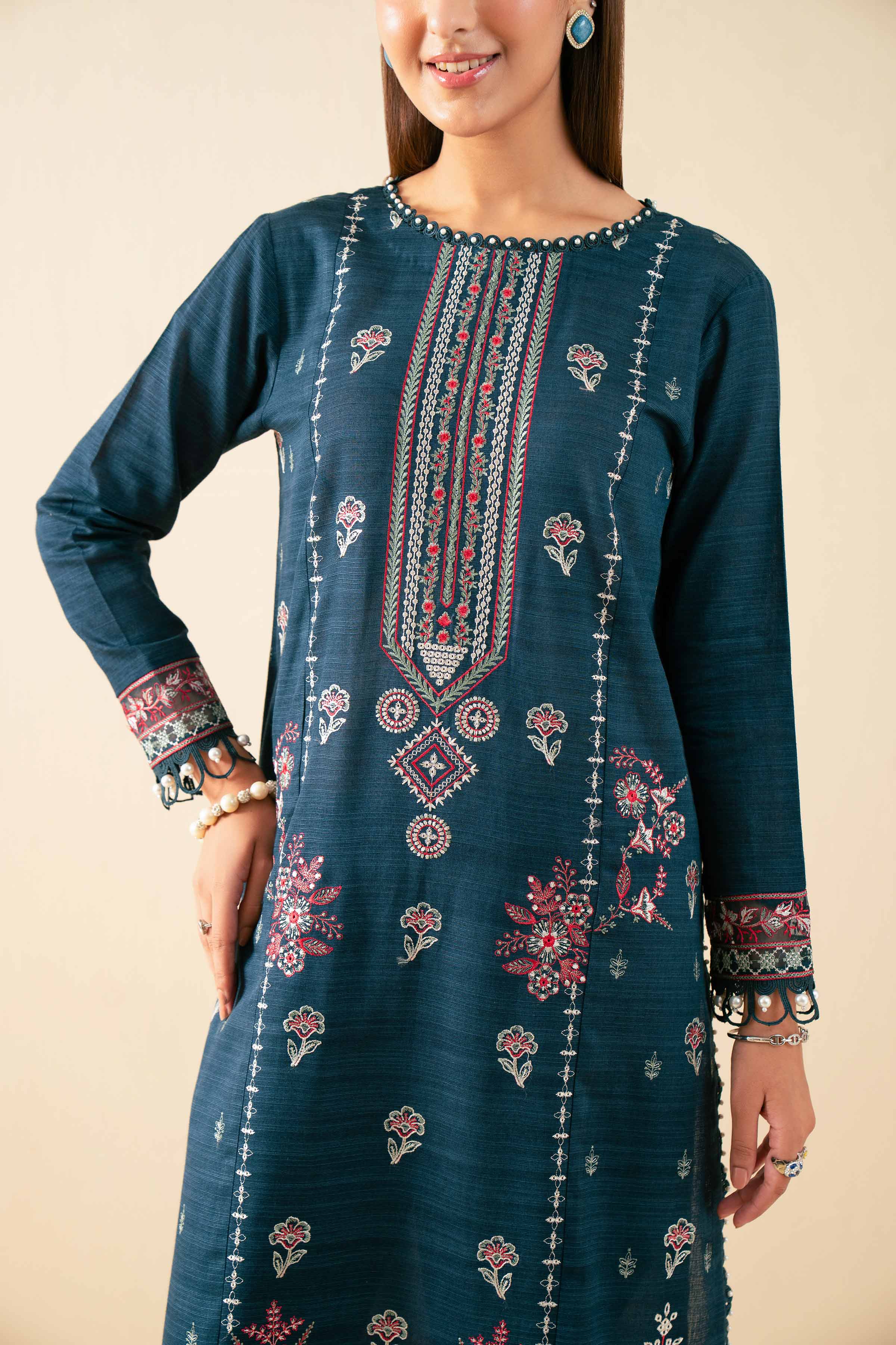 NISHATUAE - Blue Embroidered Khaddar 3-piece Unstitched Suit