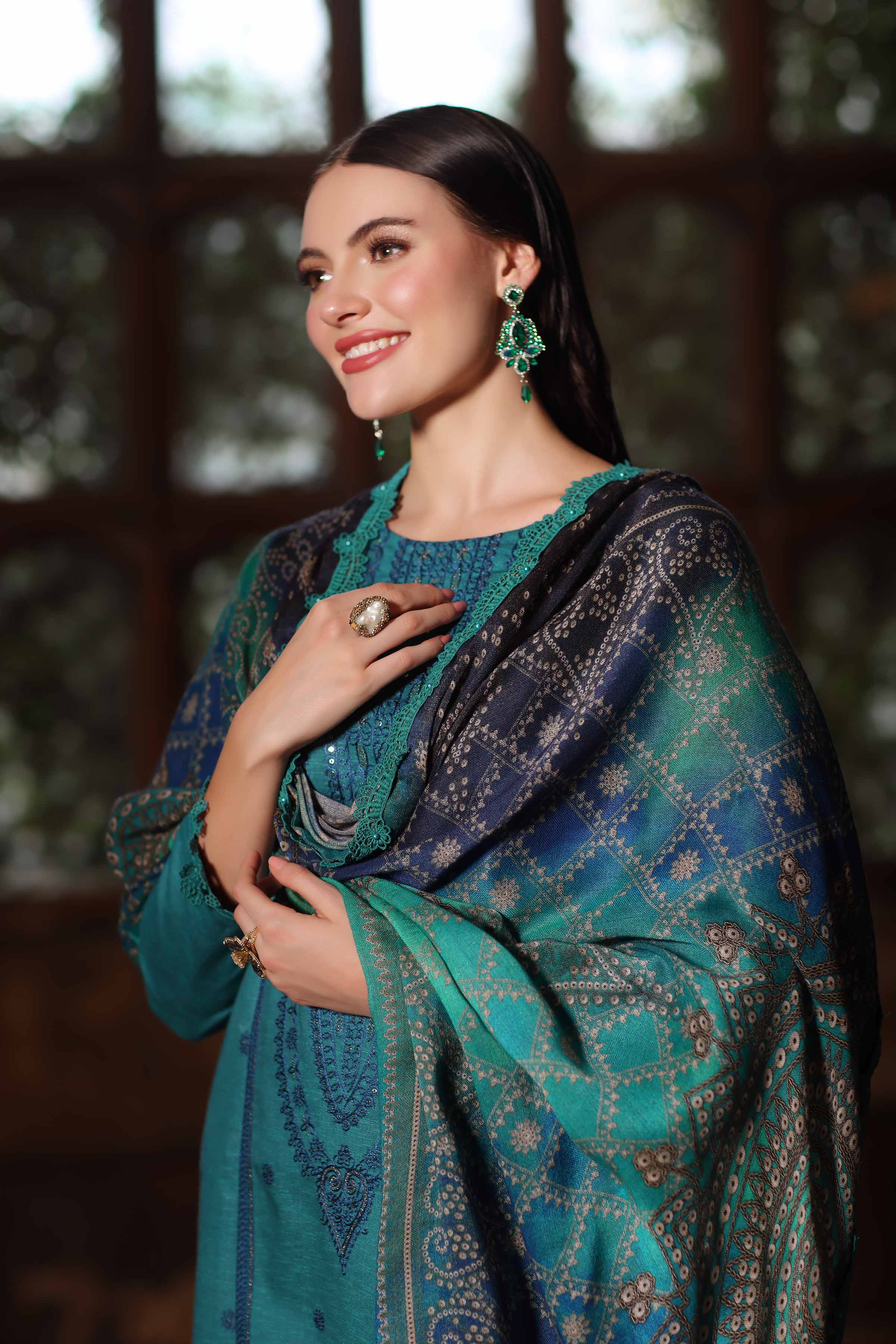 NISHATUAE - Teal Embroidered Karandi 3-piece Unstitched Suit
