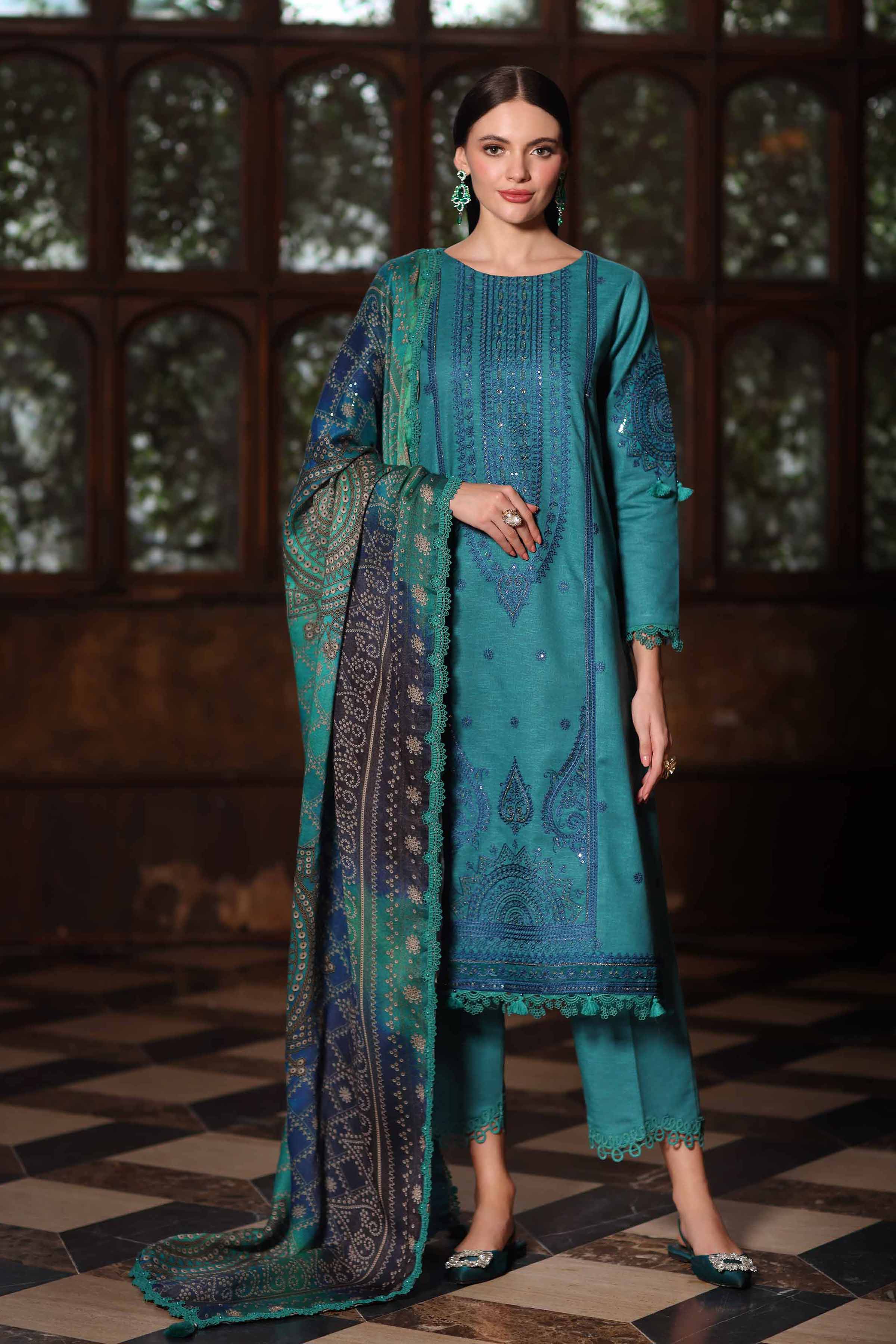 NISHATUAE - Teal Embroidered Karandi 3-piece Unstitched Suit