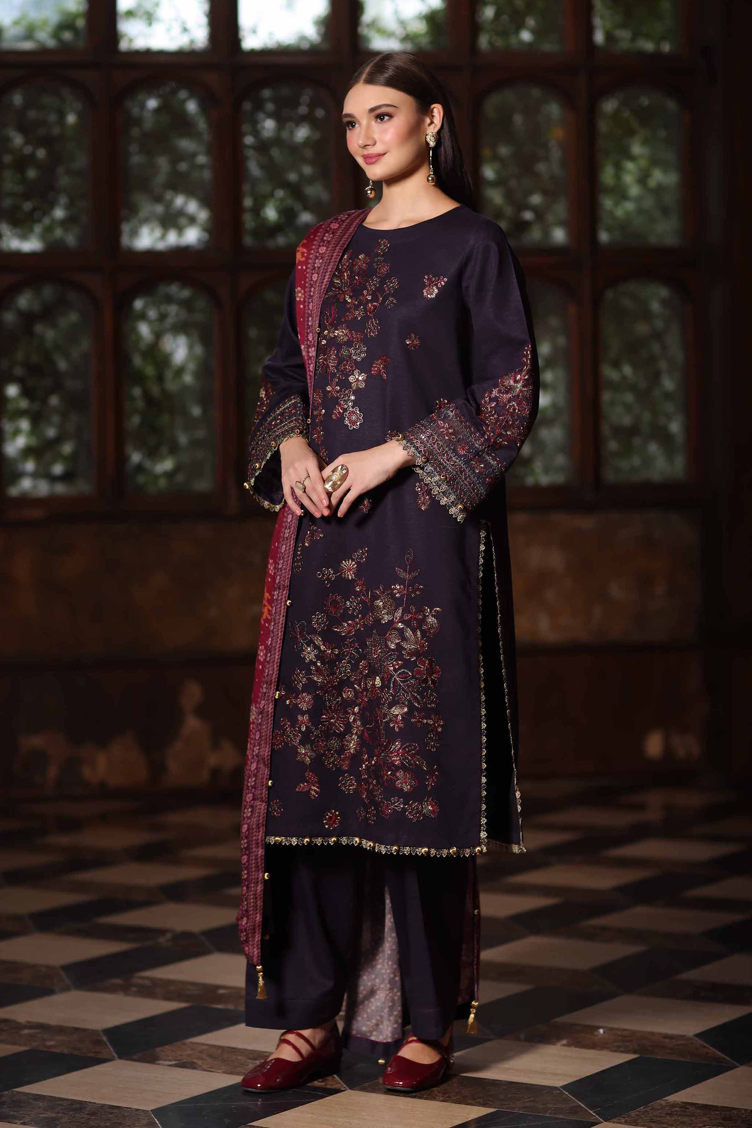 NISHATUAE - Purple Embroidered Karandi 3-piece Unstitched Suit