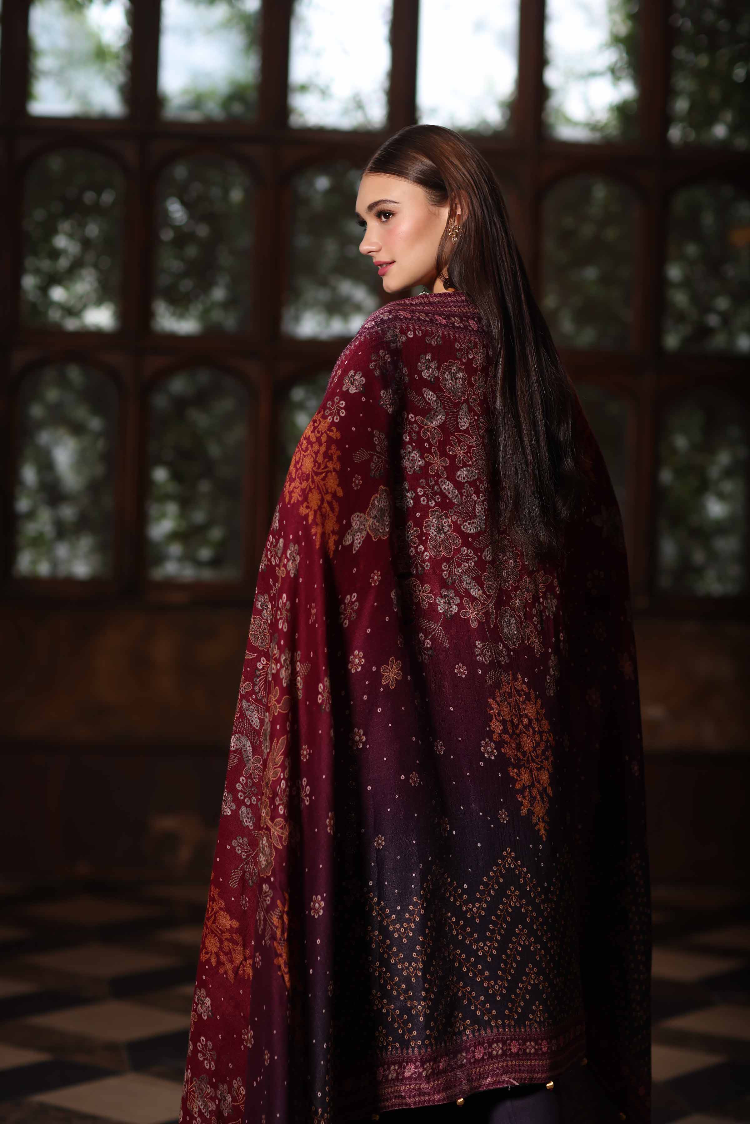 NISHATUAE - Purple Embroidered Karandi 3-piece Unstitched Suit