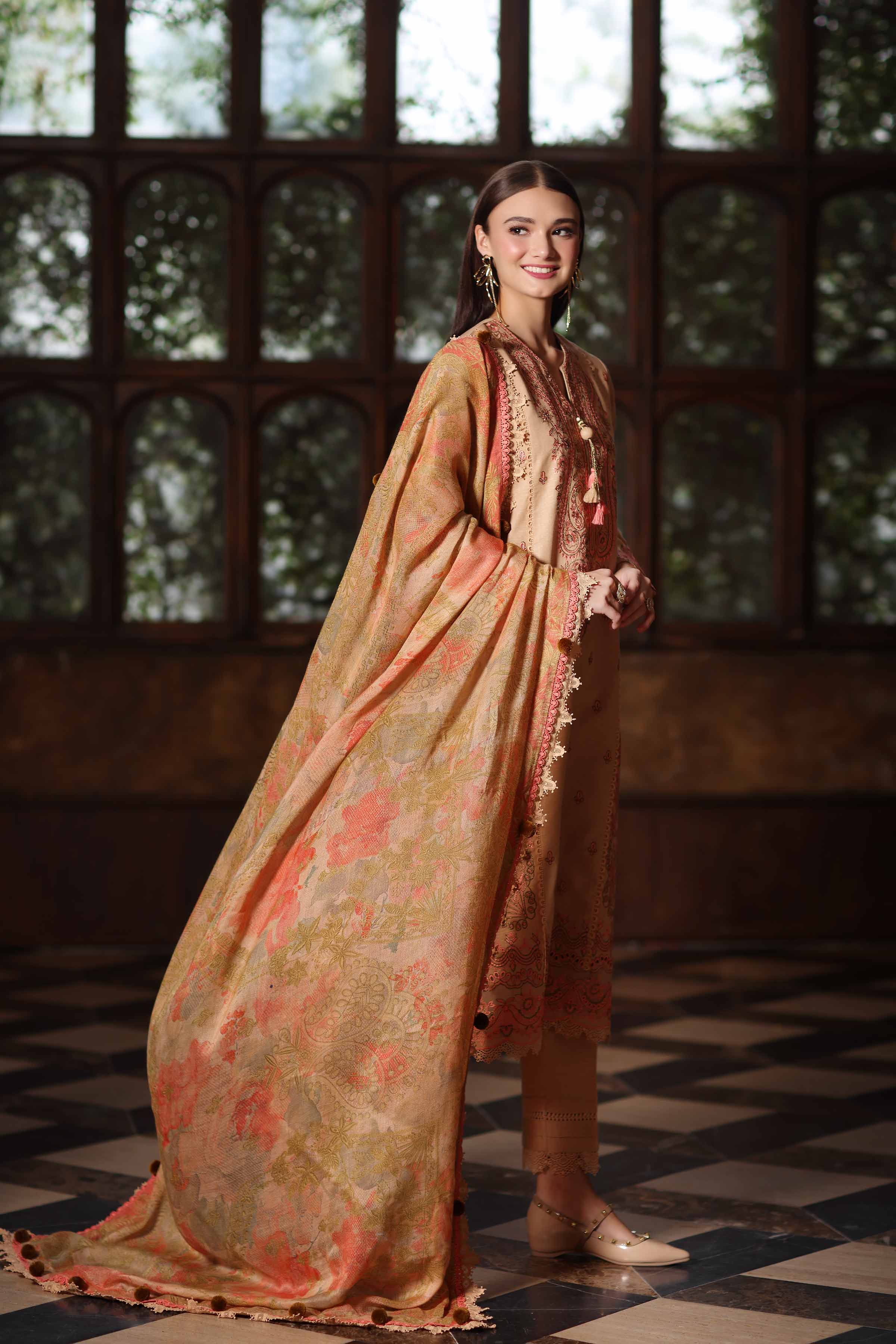NISHATUAE - Ochre Embroidered Karandi 3-piece Unstitched Suit