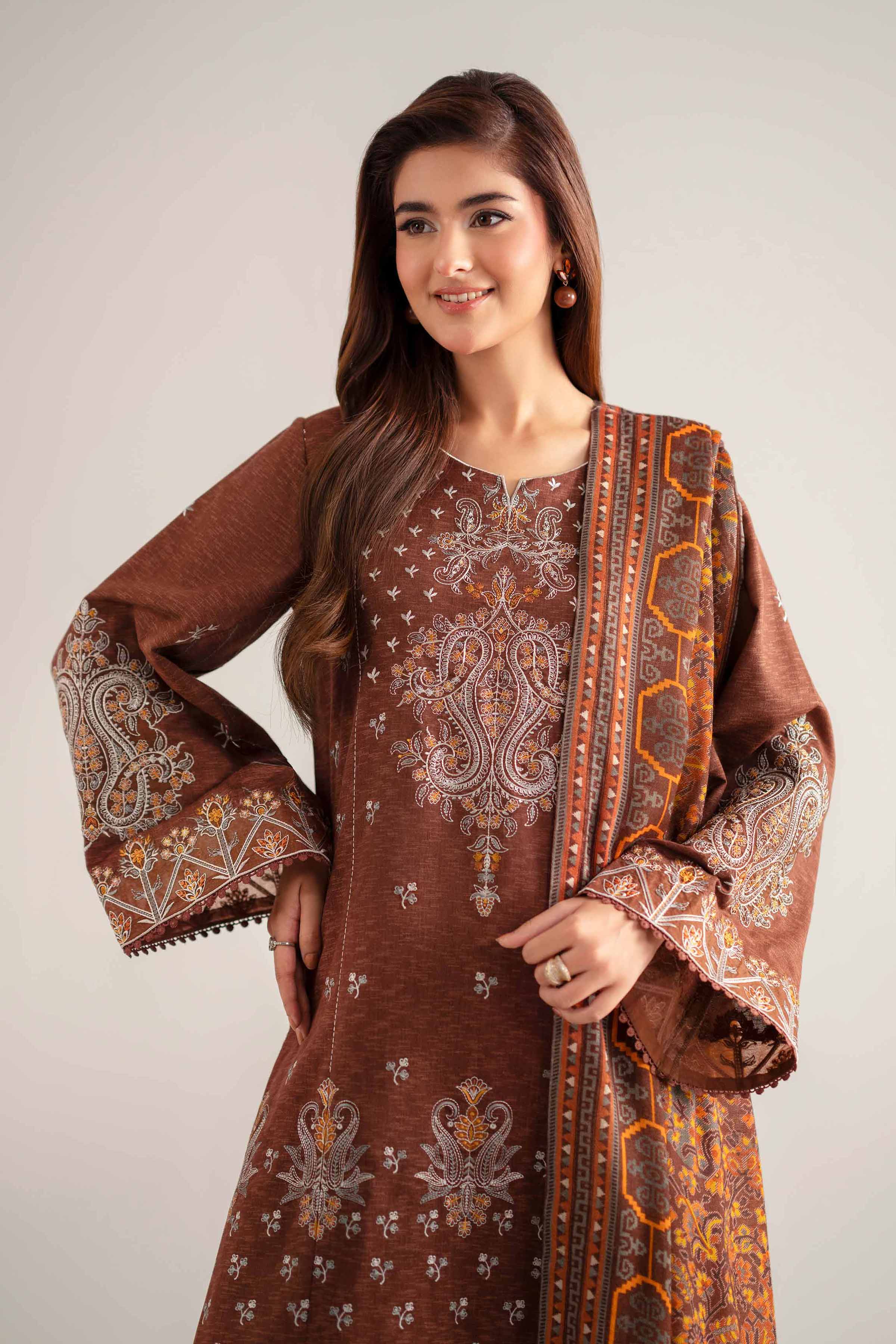 NISHATUAE - Brown Embroidered Karandi 3-piece Unstitched Suit