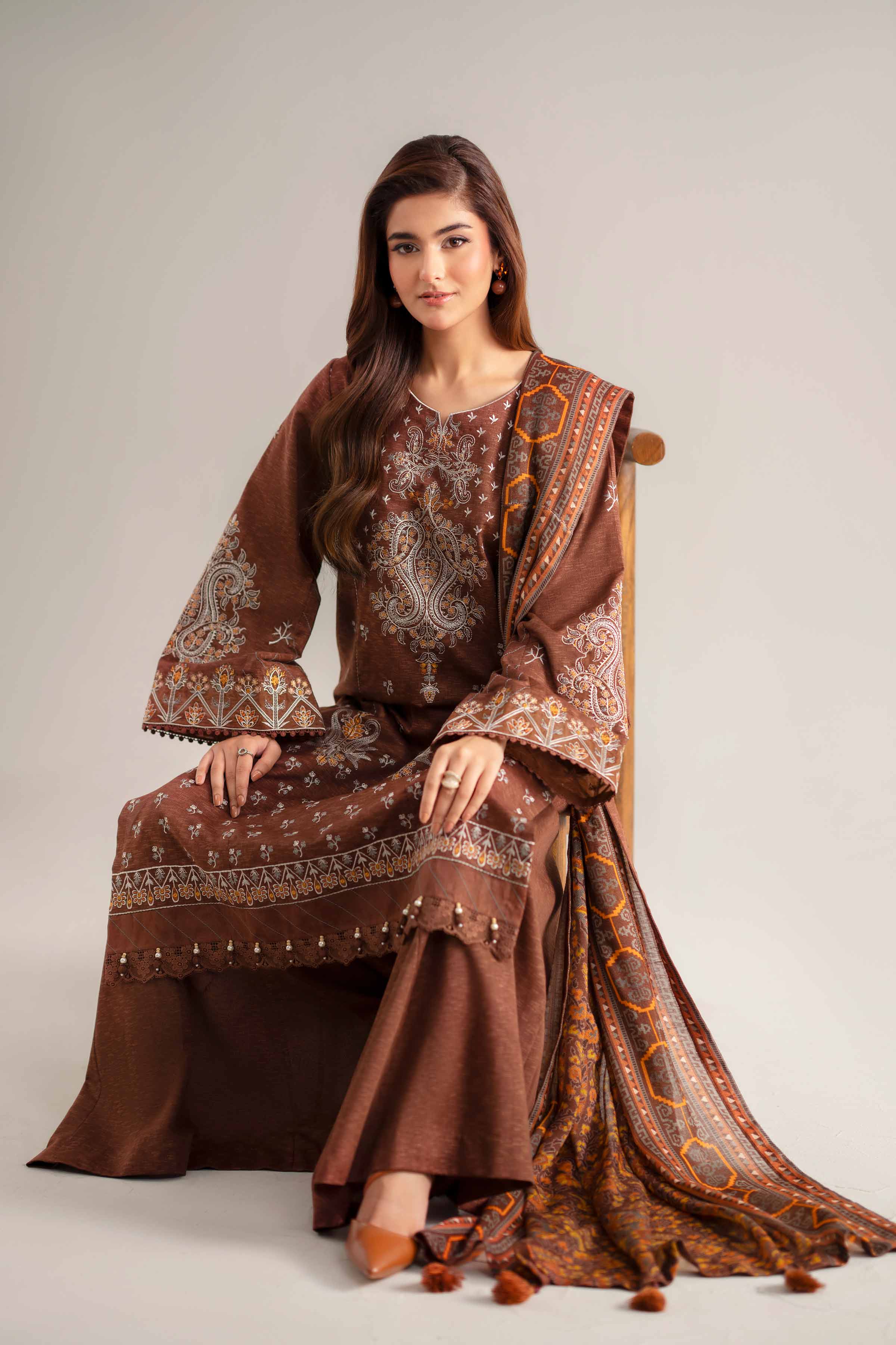NISHATUAE - Brown Embroidered Karandi 3-piece Unstitched Suit