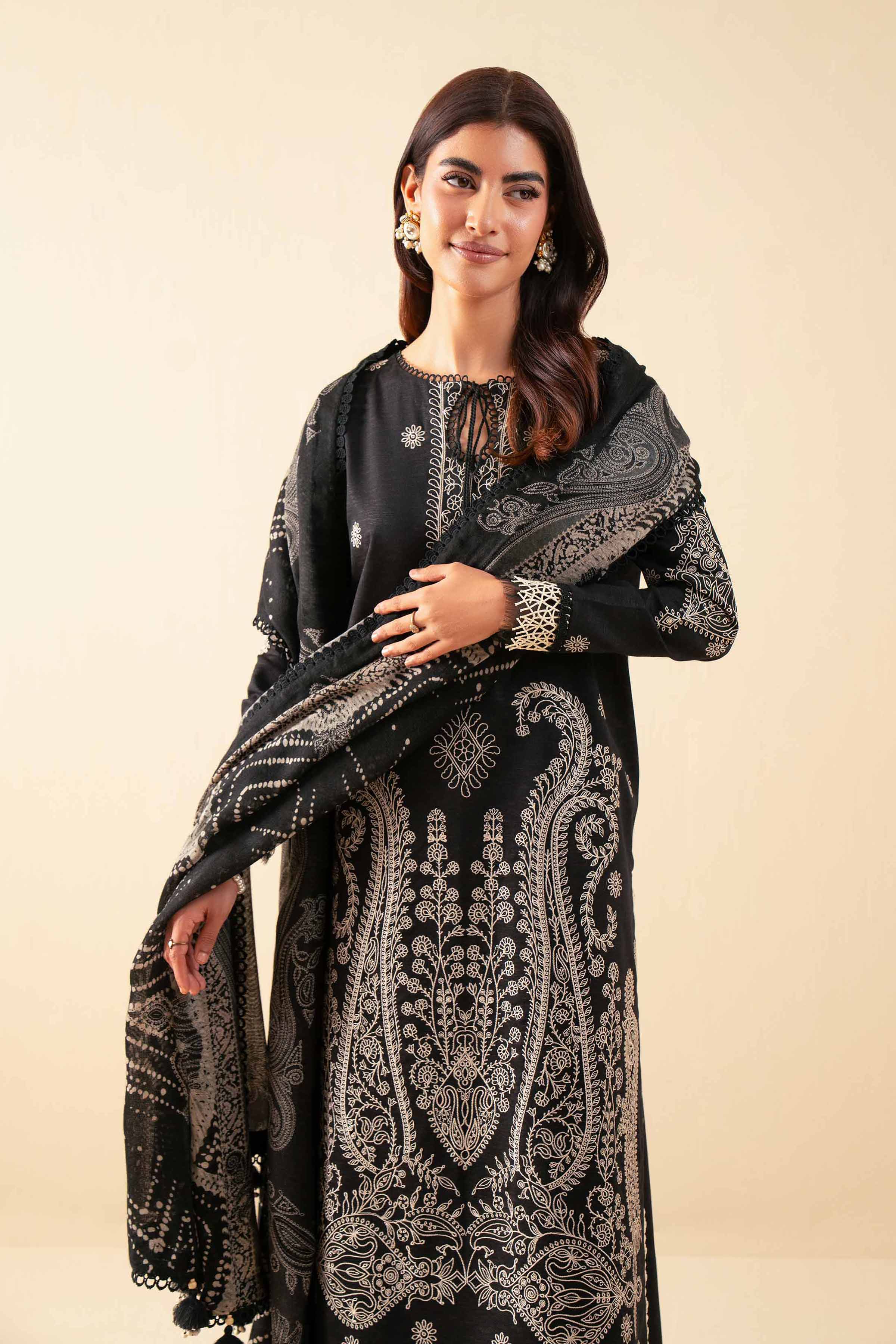 NISHATUAE - Black Embroidered Karandi 3-piece Unstitched Suit