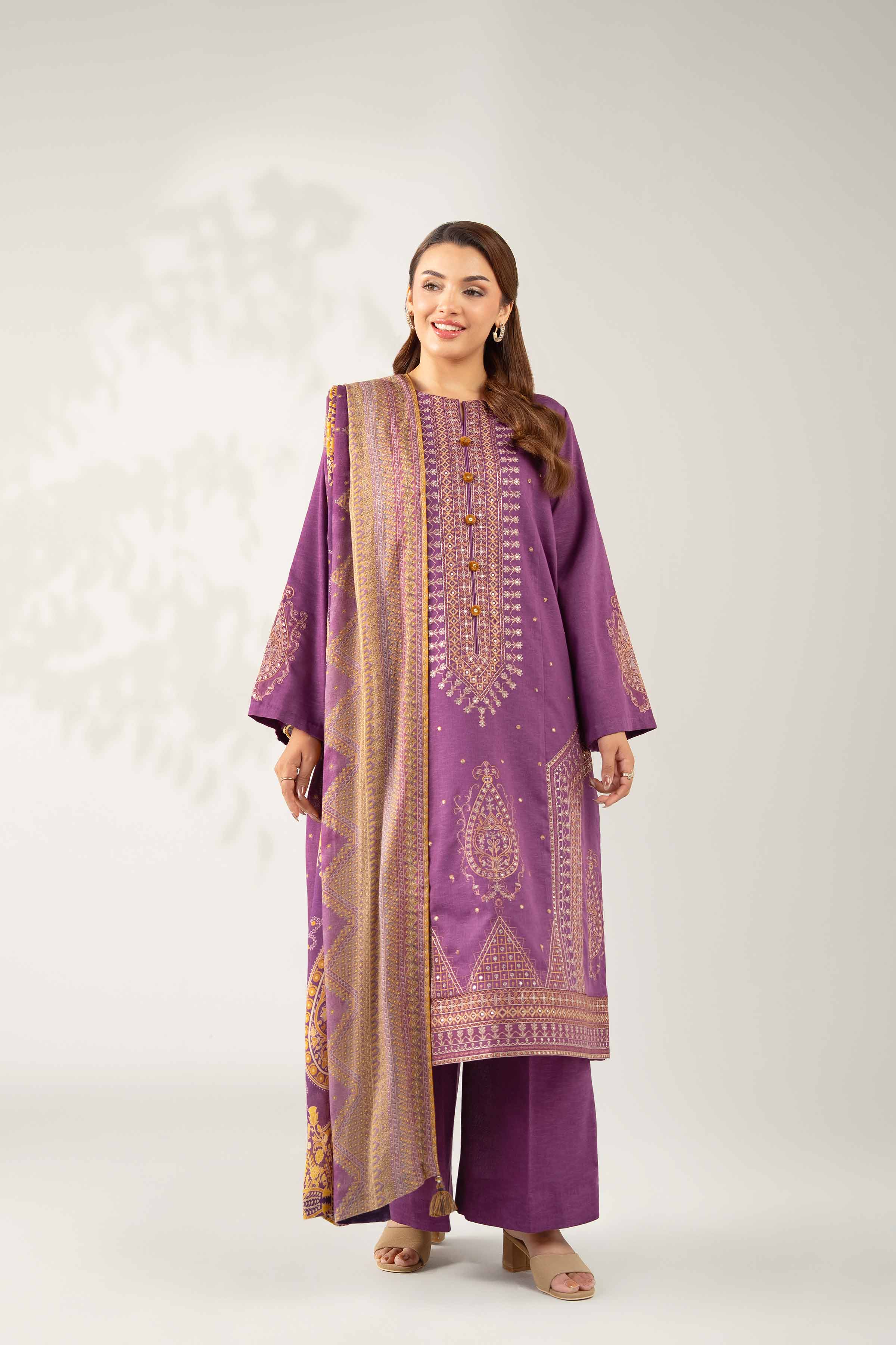 NISHATUAE - Purple Embroidered Karandi 3-piece Unstitched Suit