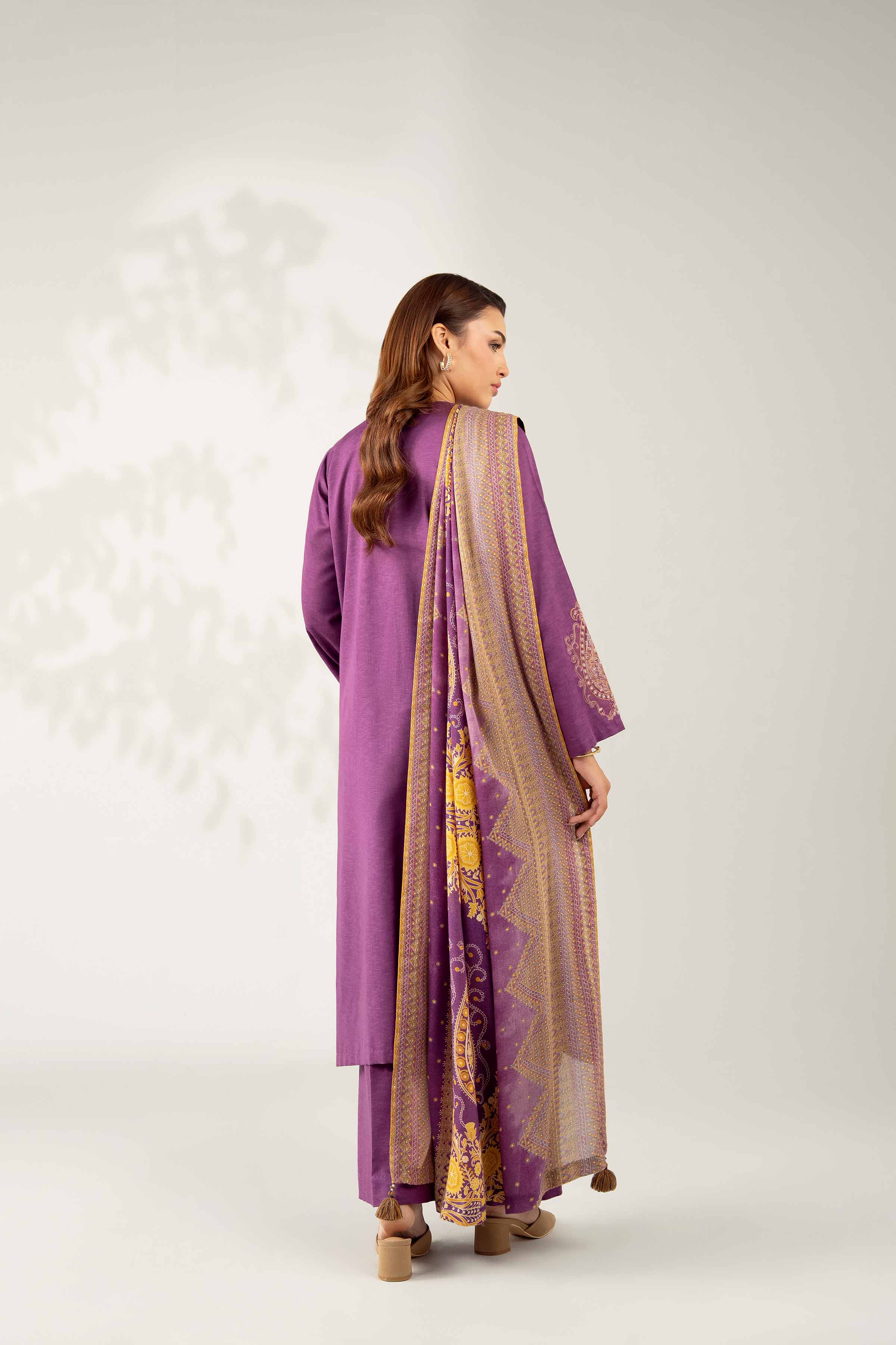 NISHATUAE - Purple Embroidered Karandi 3-piece Unstitched Suit