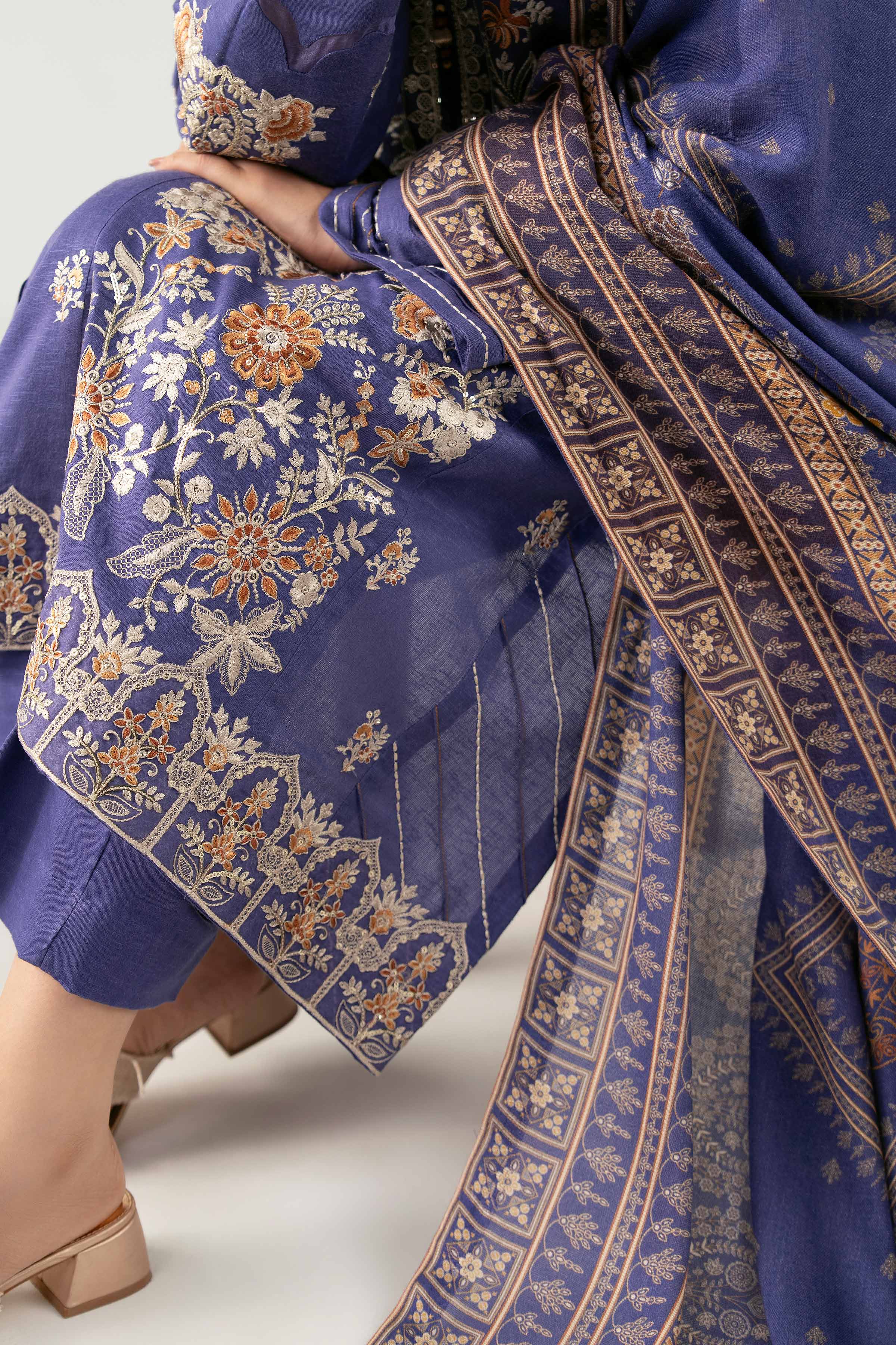 NISHATUAE - Blue Embroidered Karandi 3-piece Unstitched Suit