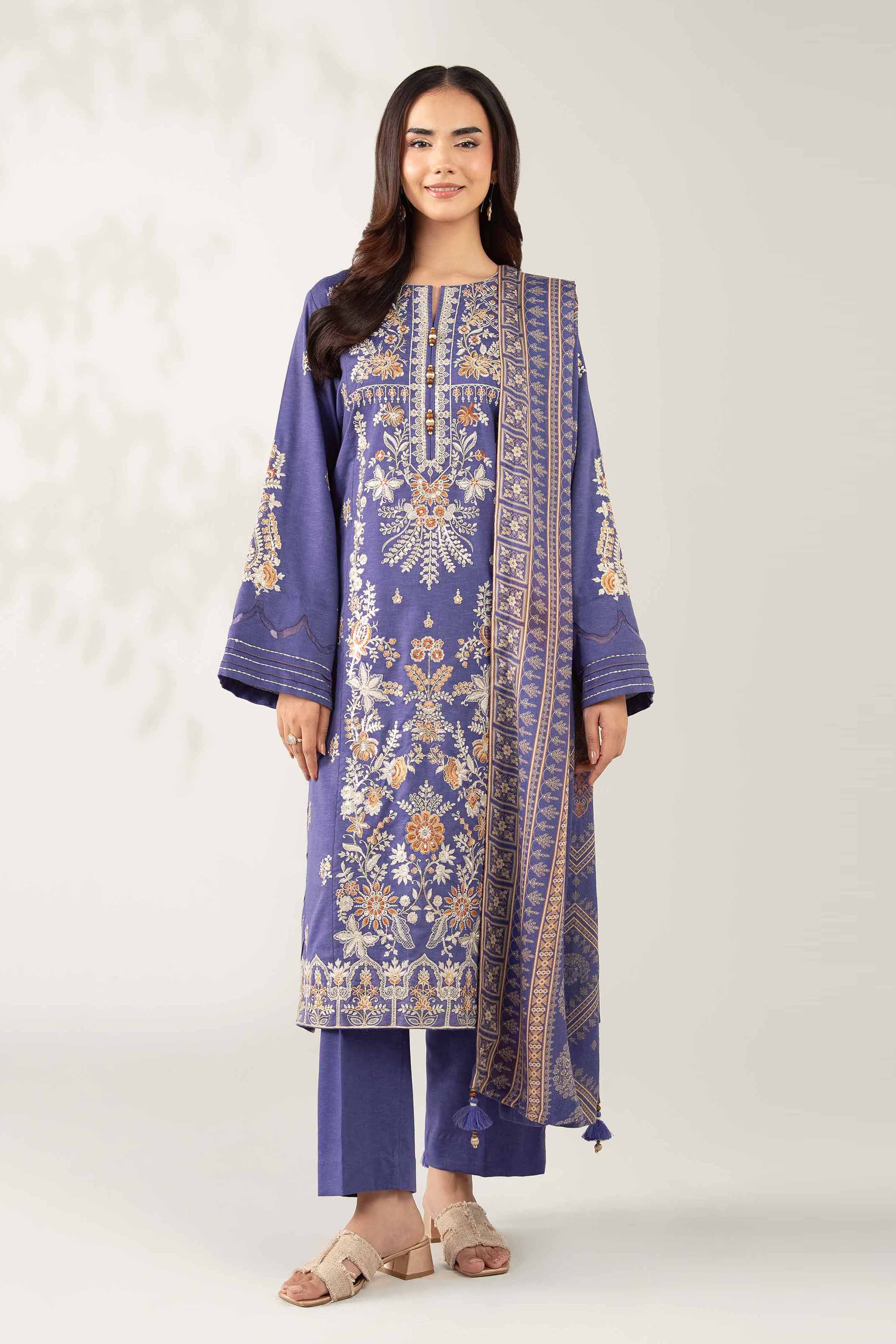 NISHATUAE - Blue Embroidered Karandi 3-piece Unstitched Suit