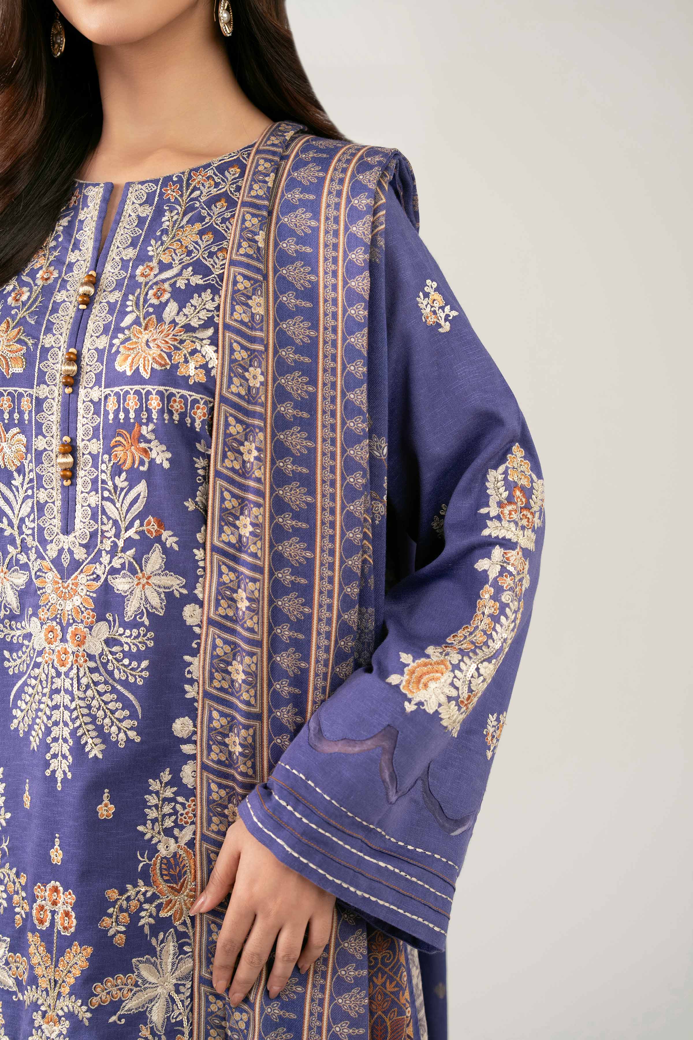 NISHATUAE - Blue Embroidered Karandi 3-piece Unstitched Suit