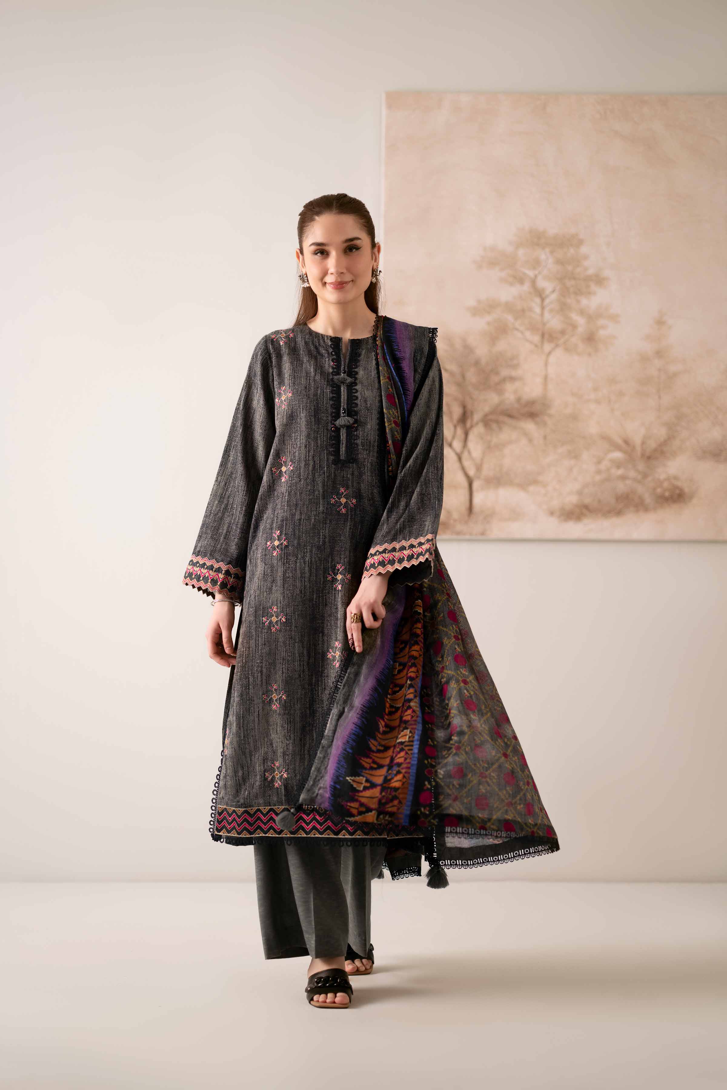 NISHATUAE - Grey Embroidered Karandi 3-piece Unstitched Suit