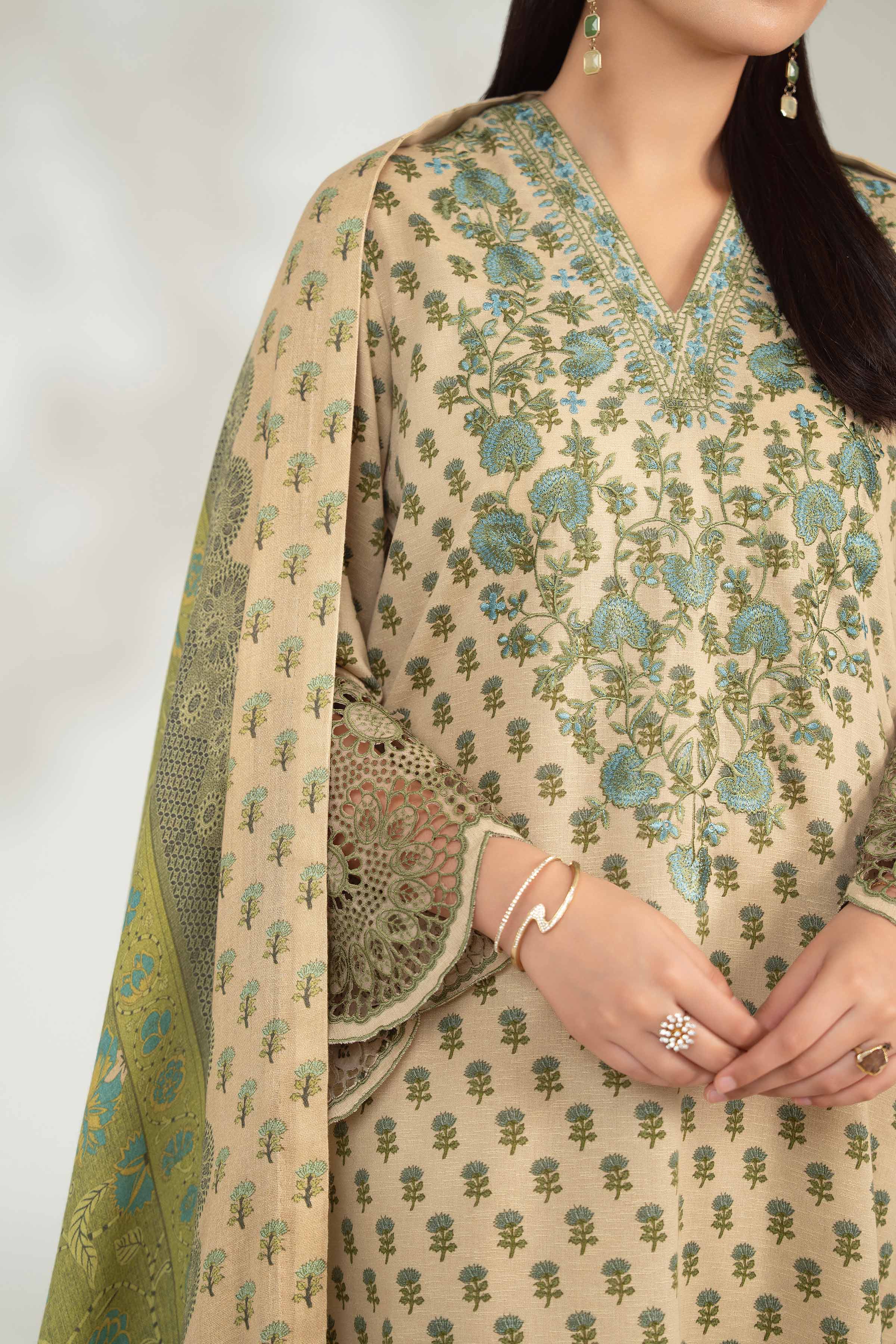 NISHATUAE - Beige Embroidered Karandi 3-piece Unstitched Suit