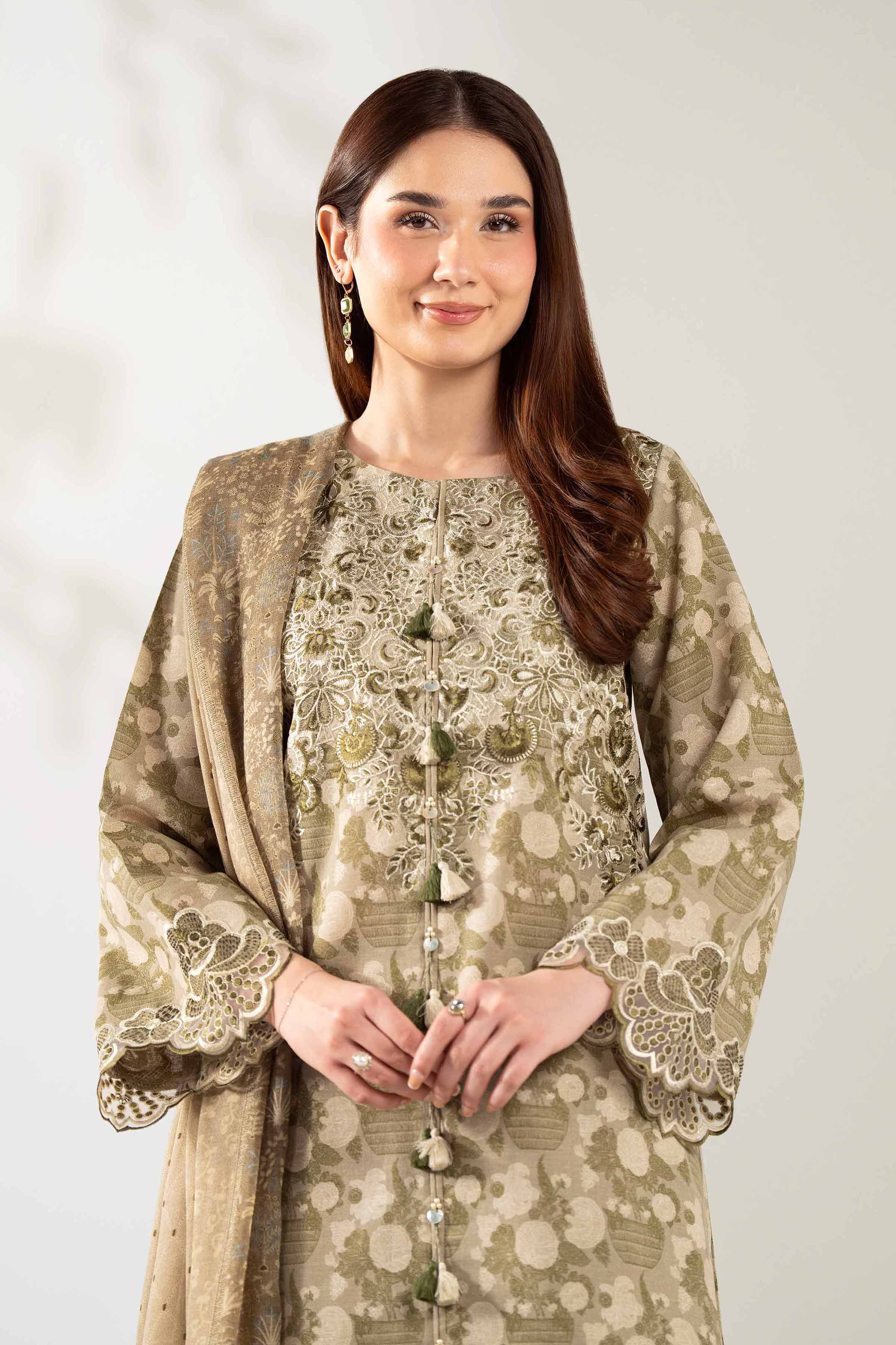 NISHATUAE - Olive Embroidered Karandi 3-piece Unstitched Suit