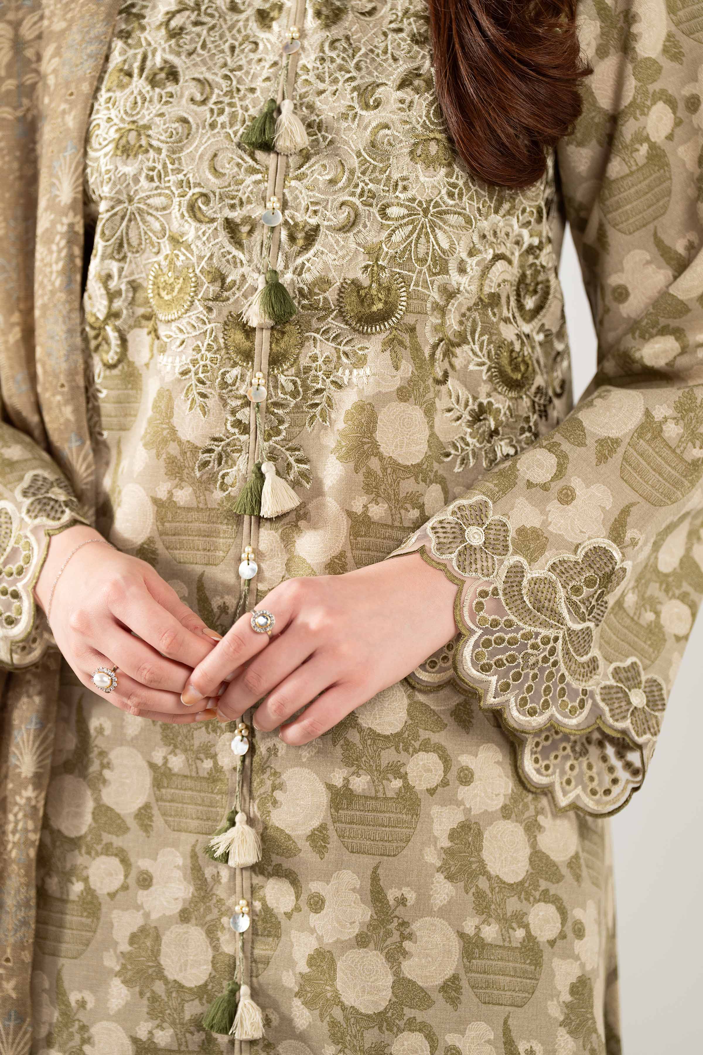 NISHATUAE - Olive Embroidered Karandi 3-piece Unstitched Suit