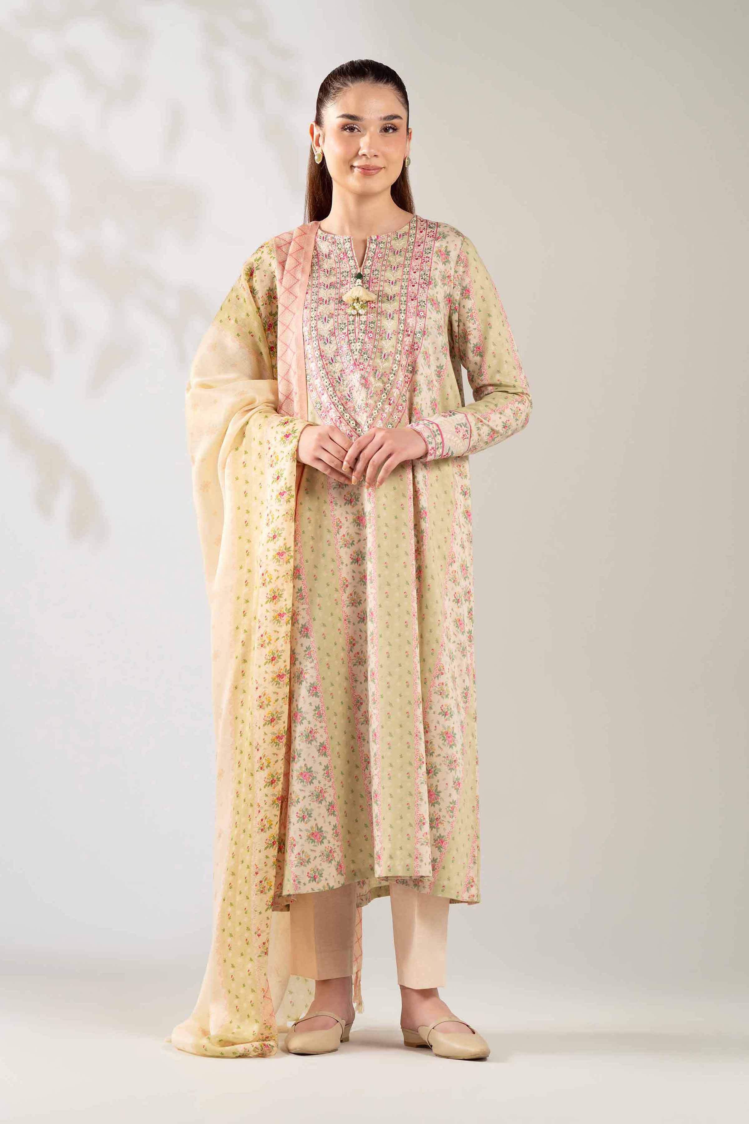 NISHATUAE - Cream Embroidered Karandi 3-piece Unstitched Suit