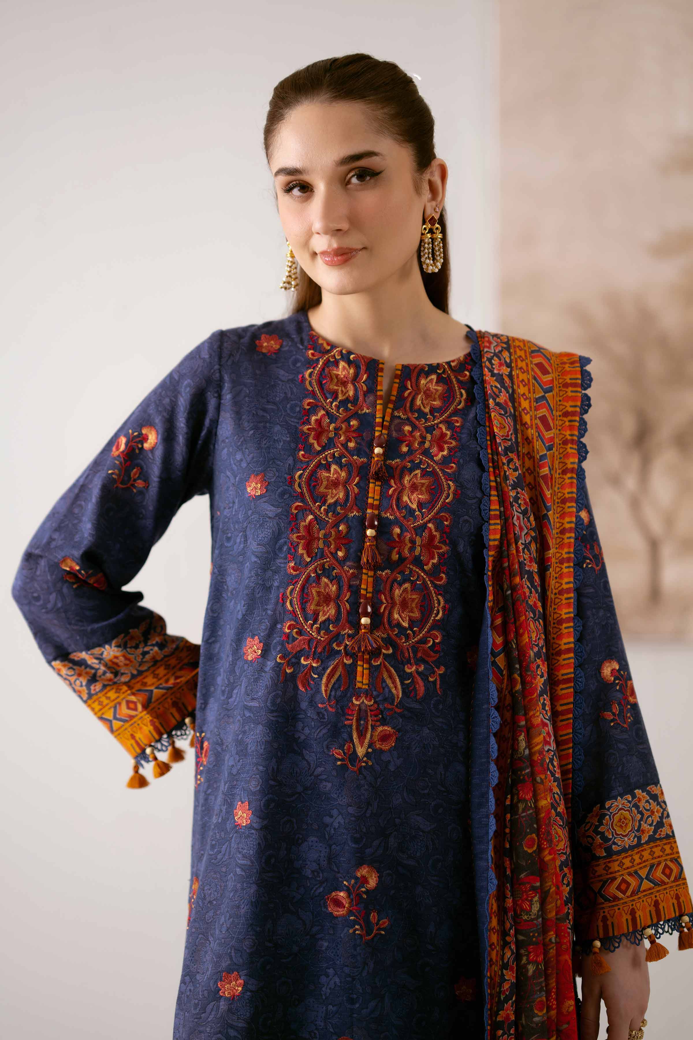 NISHATUAE - Blue Embroidered Karandi 3-piece Unstitched Suit