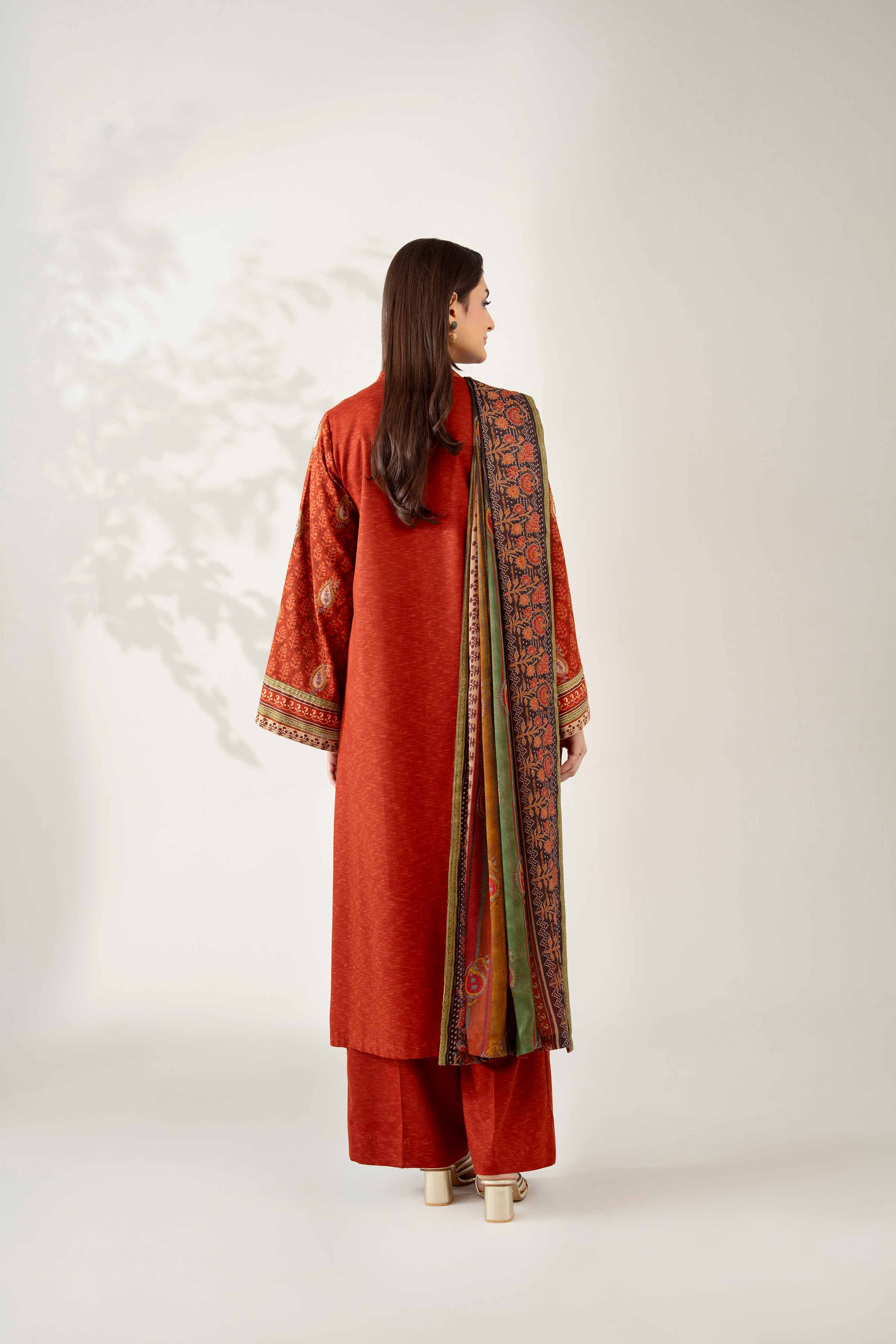 NISHATUAE - Rust Embroidered Karandi 3-piece Unstitched Suit