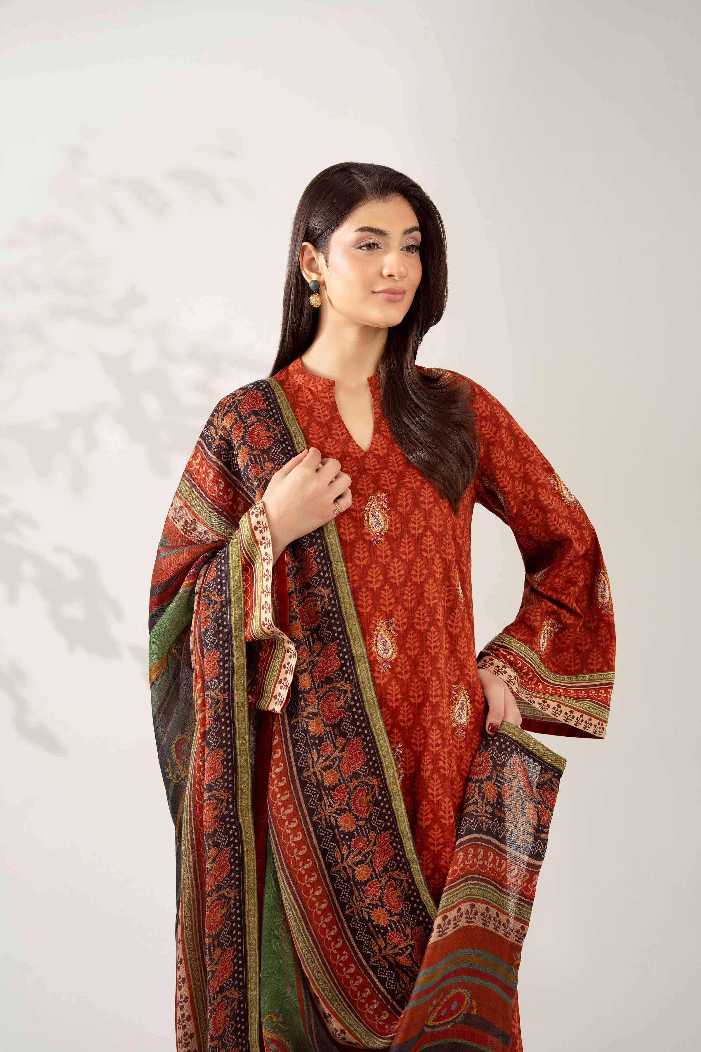 NISHATUAE - Rust Embroidered Karandi 3-piece Unstitched Suit