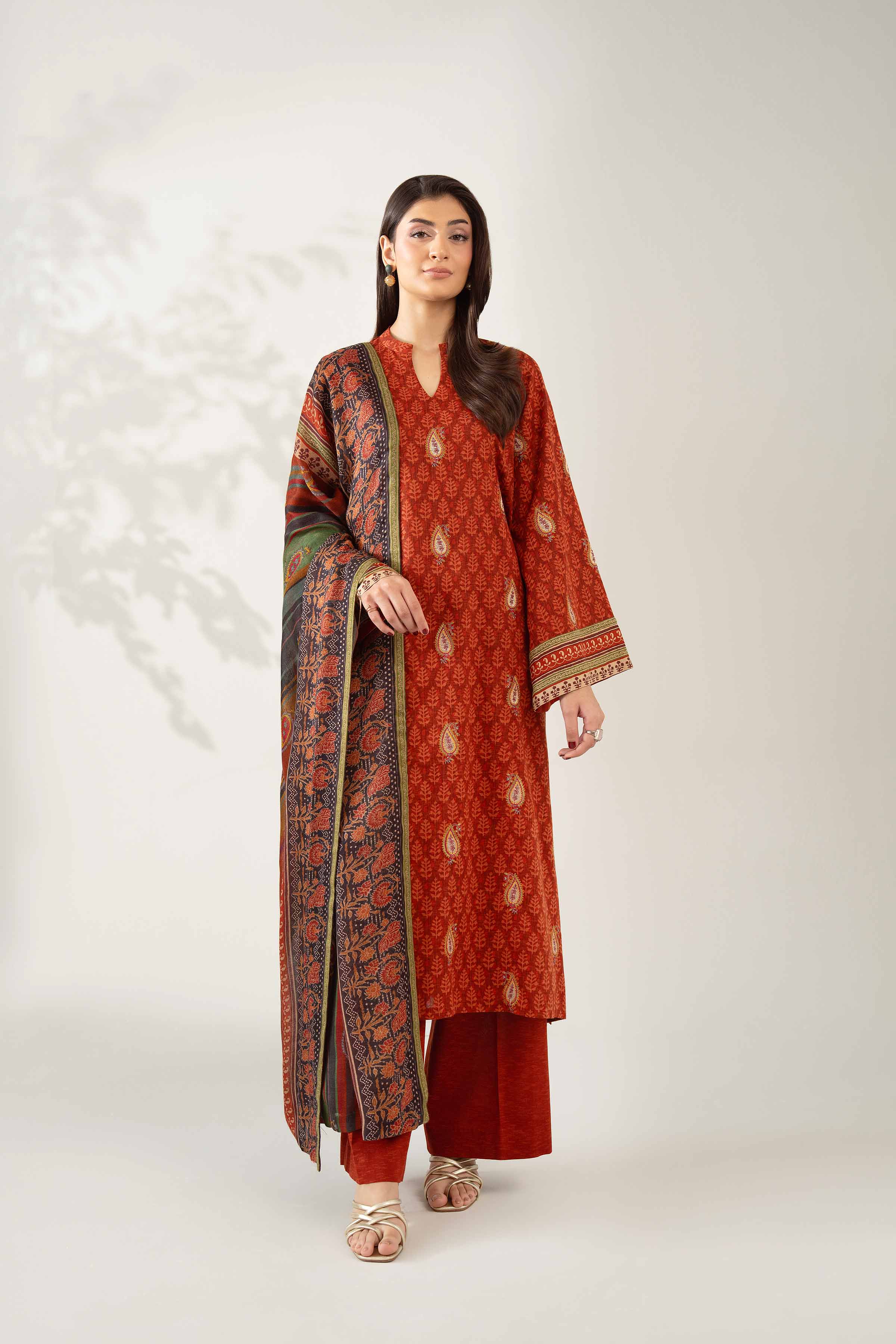 NISHATUAE - Rust Embroidered Karandi 3-piece Unstitched Suit