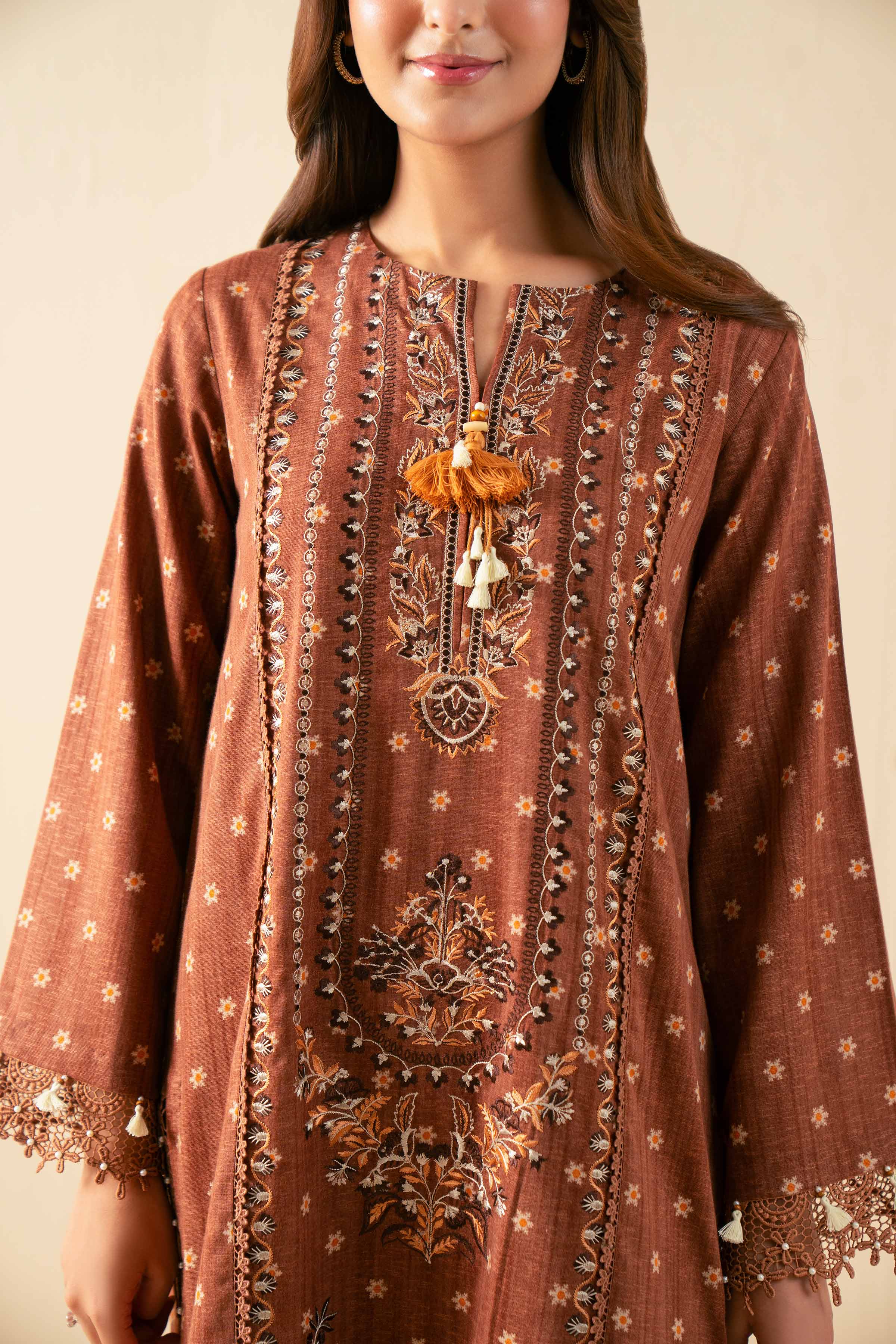 NISHATUAE - Brown Embroidered Karandi 3-piece Unstitched Suit