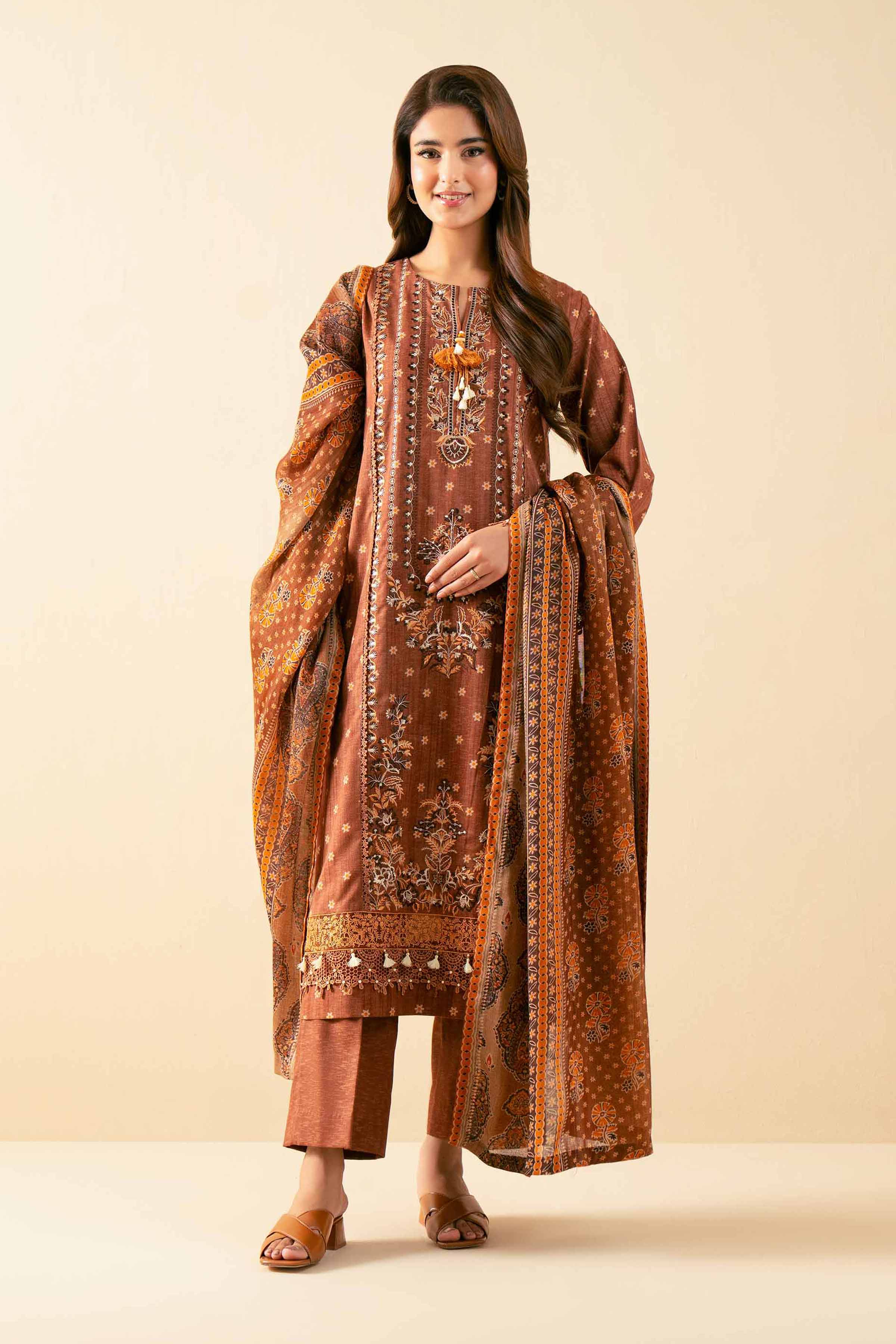 NISHATUAE - Brown Embroidered Karandi 3-piece Unstitched Suit