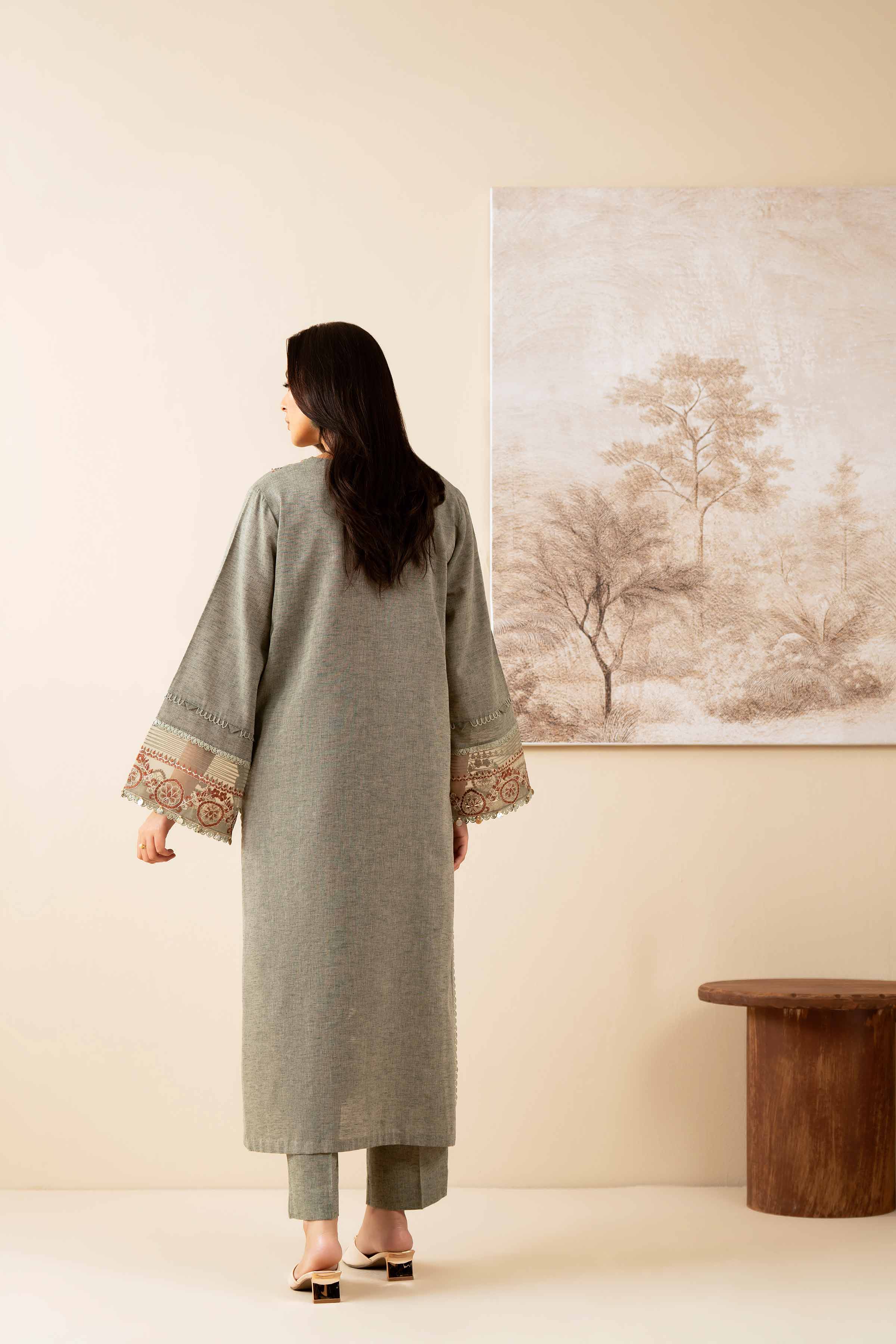 NISHATUAE - Beige Embroidered Linen 2-piece Unstitched Dress