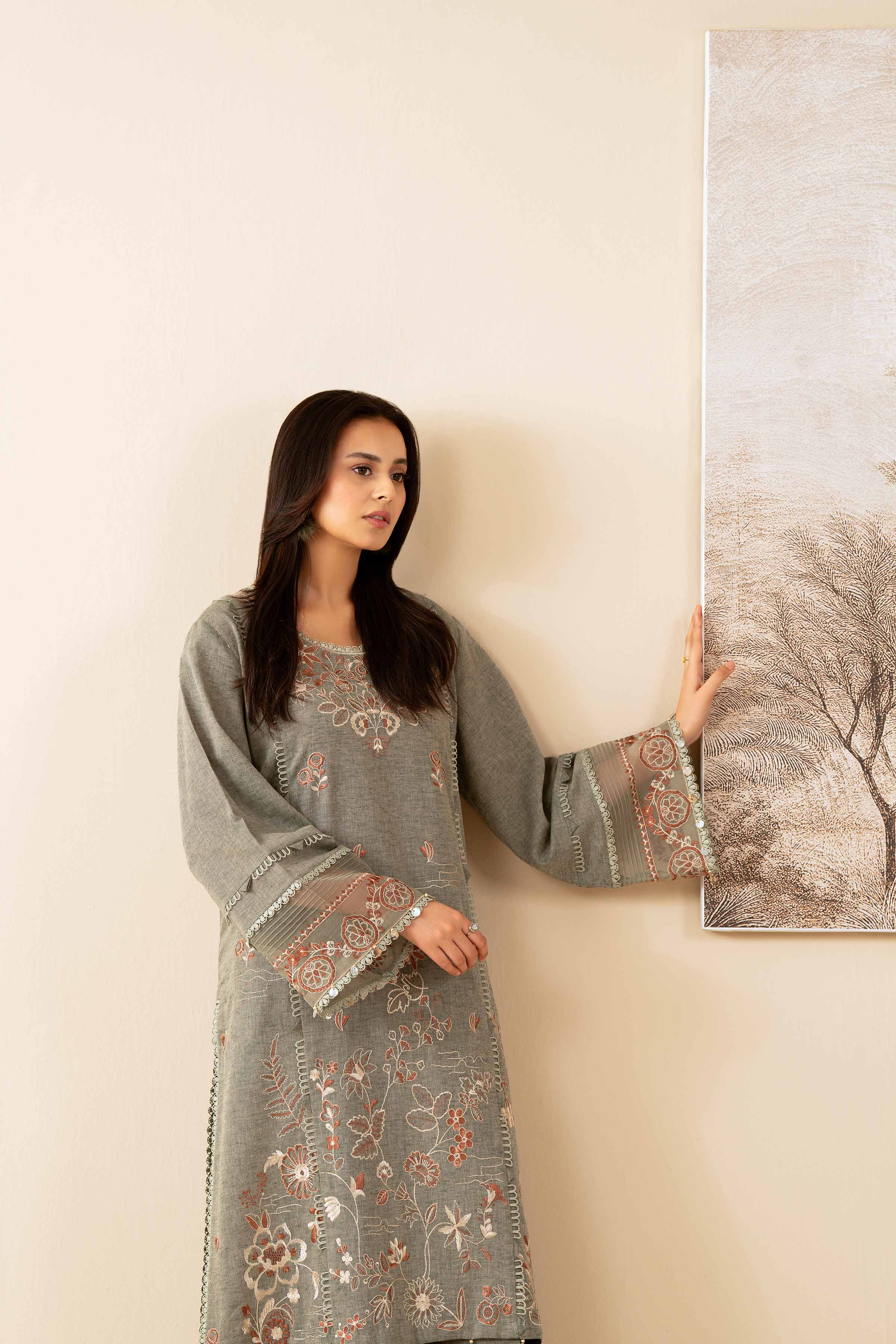 NISHATUAE - Beige Embroidered Linen 2-piece Unstitched Dress