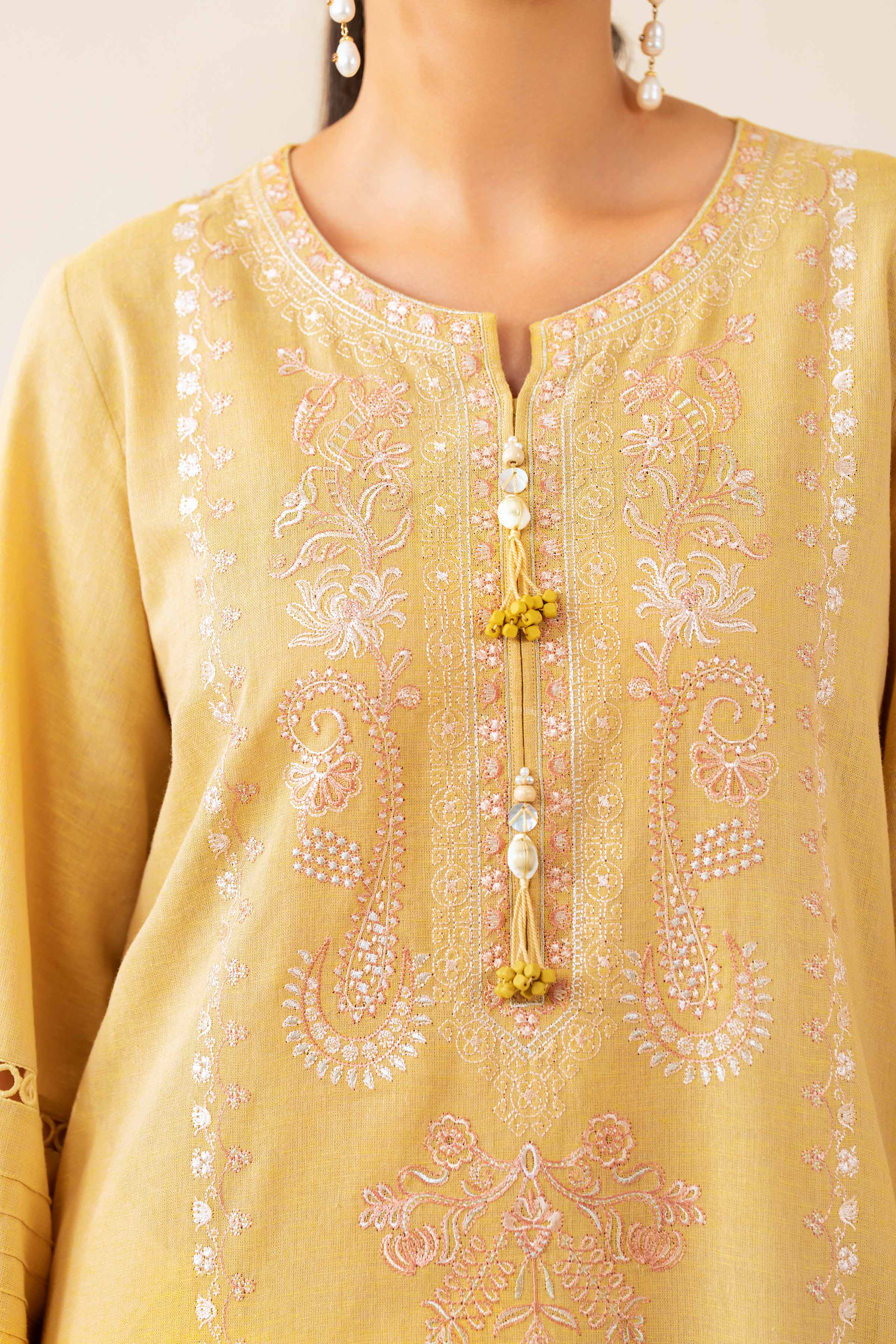 NISHATUAE - Gold Embroidered Linen 2-piece Unstitched Dress