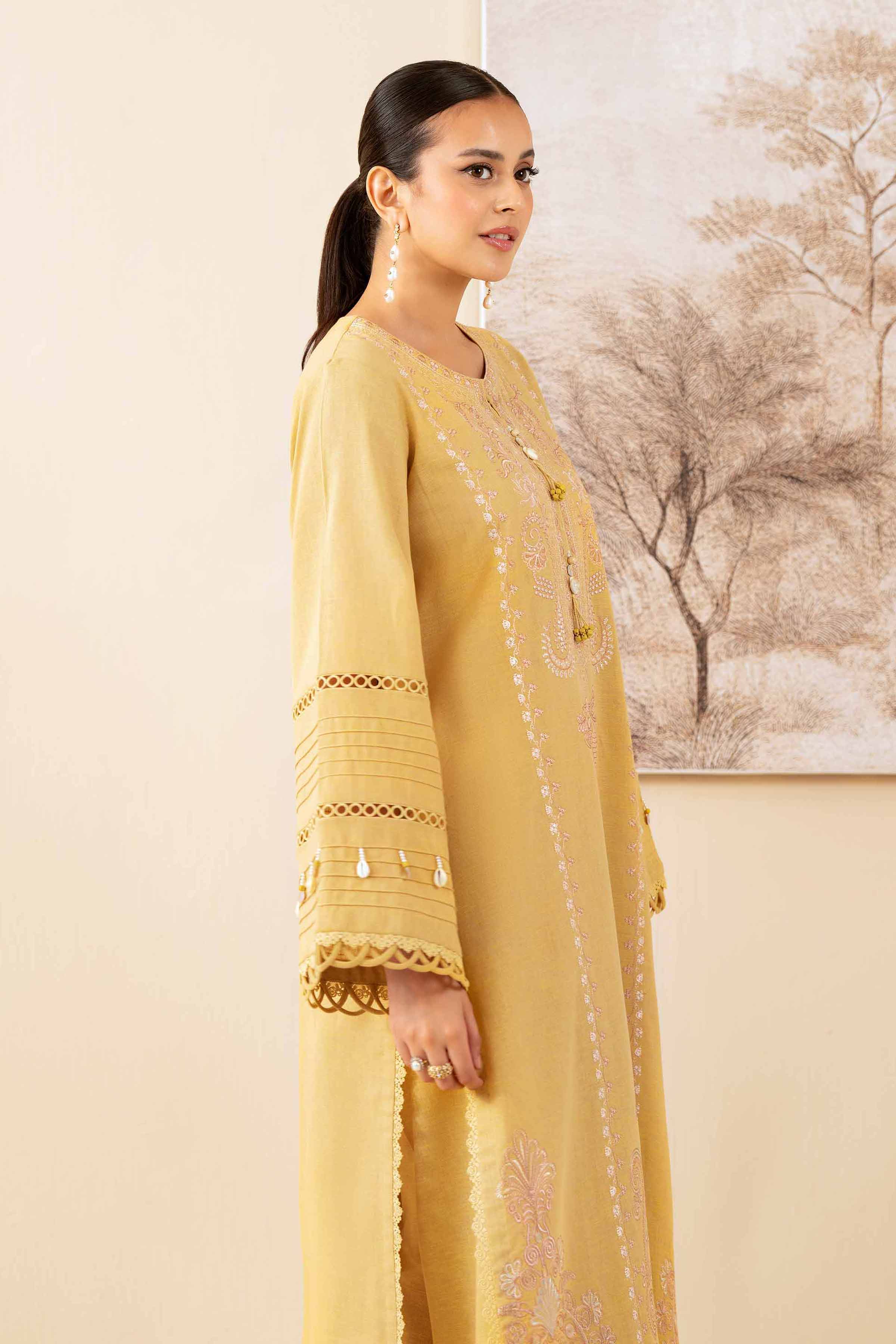 NISHATUAE - Gold Embroidered Linen 2-piece Unstitched Dress