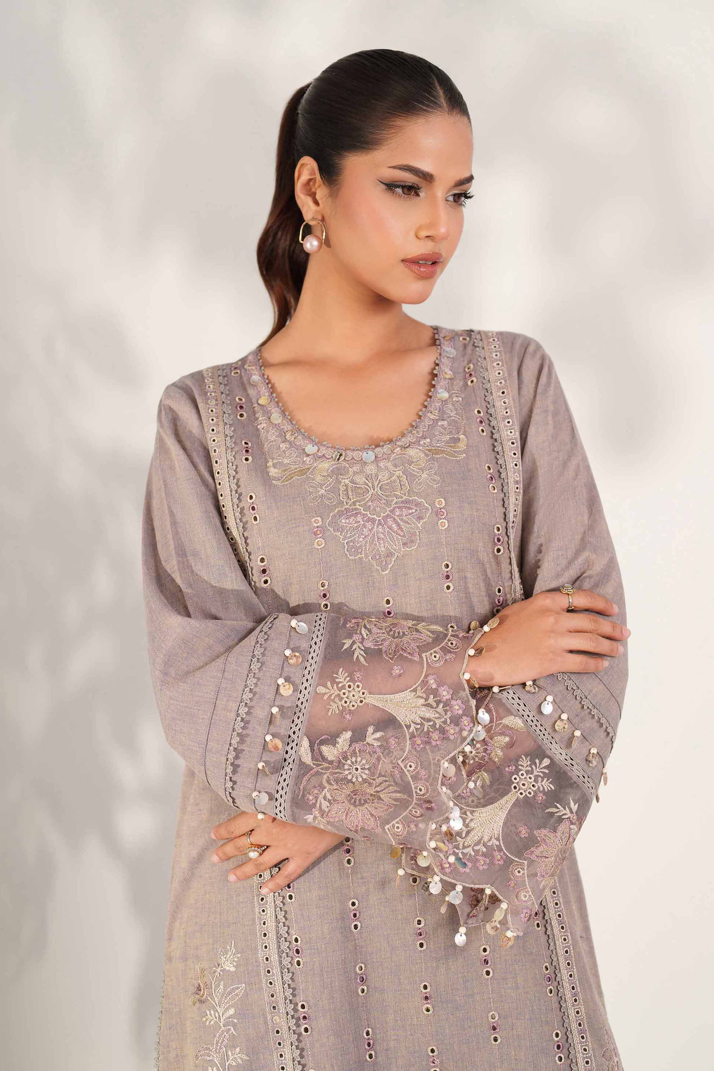NISHATUAE - Ochre Embroidered Linen 2-piece Unstitched Dress