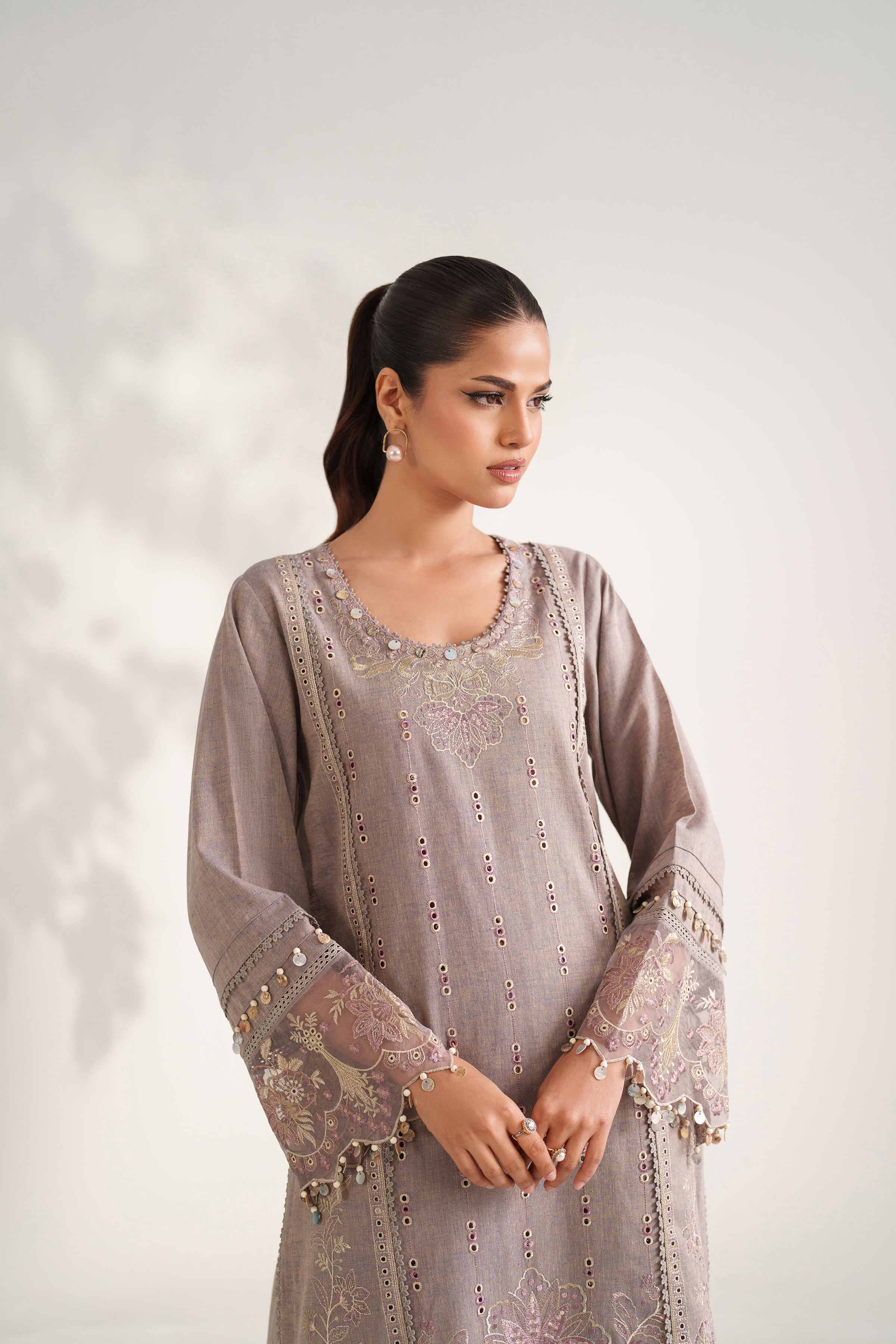 NISHATUAE - Ochre Embroidered Linen 2-piece Unstitched Dress
