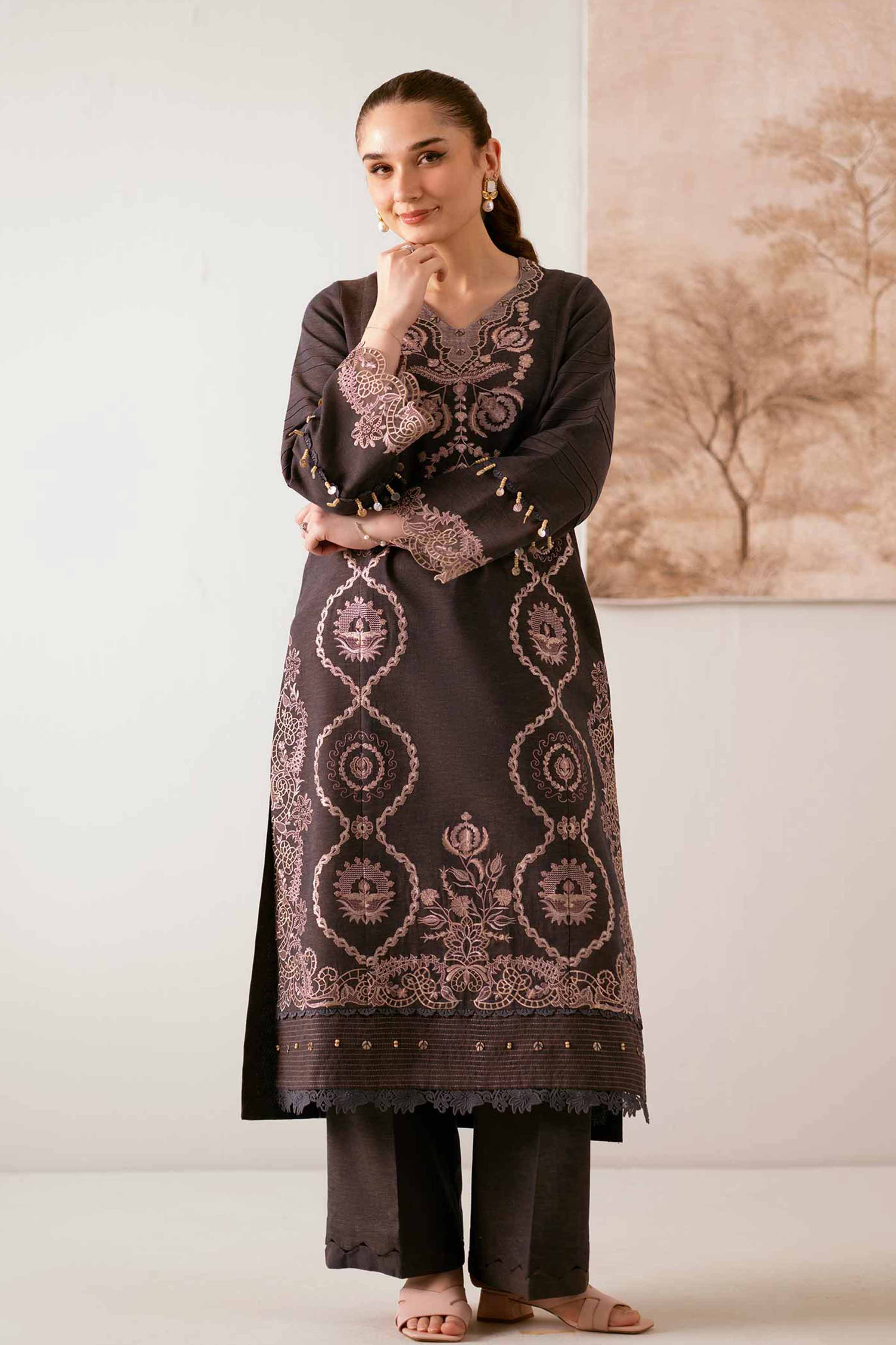 NISHATUAE - Ochre Embroidered Linen 2-piece Unstitched Dress