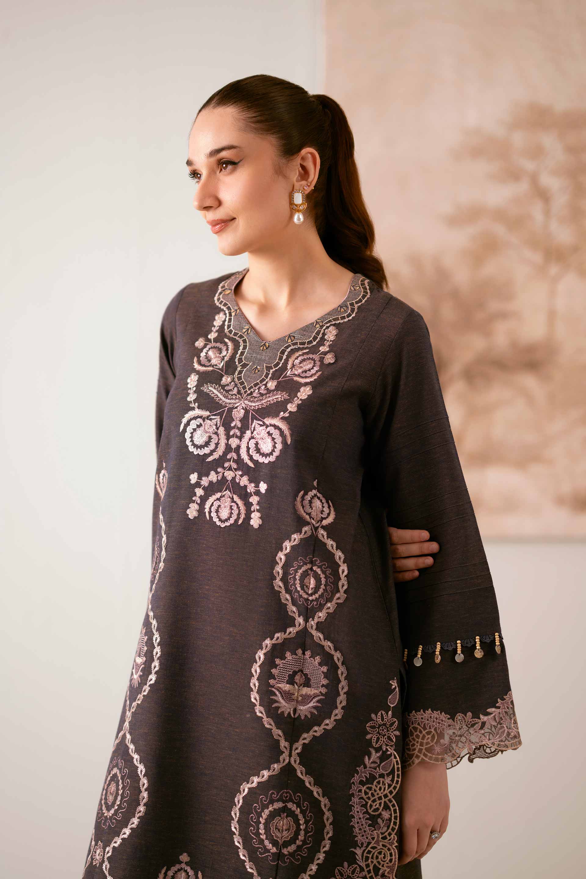 NISHATUAE - Ochre Embroidered Linen 2-piece Unstitched Dress