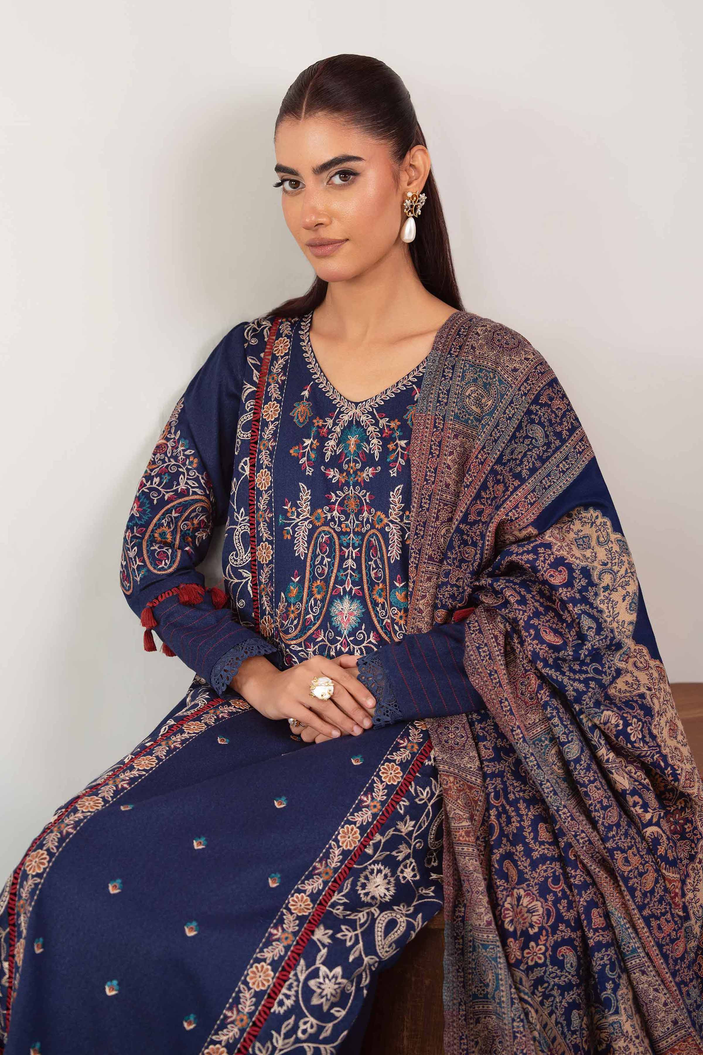 NISHATUAE - Blue Embroidered Karandi 3-piece Unstitched Suit