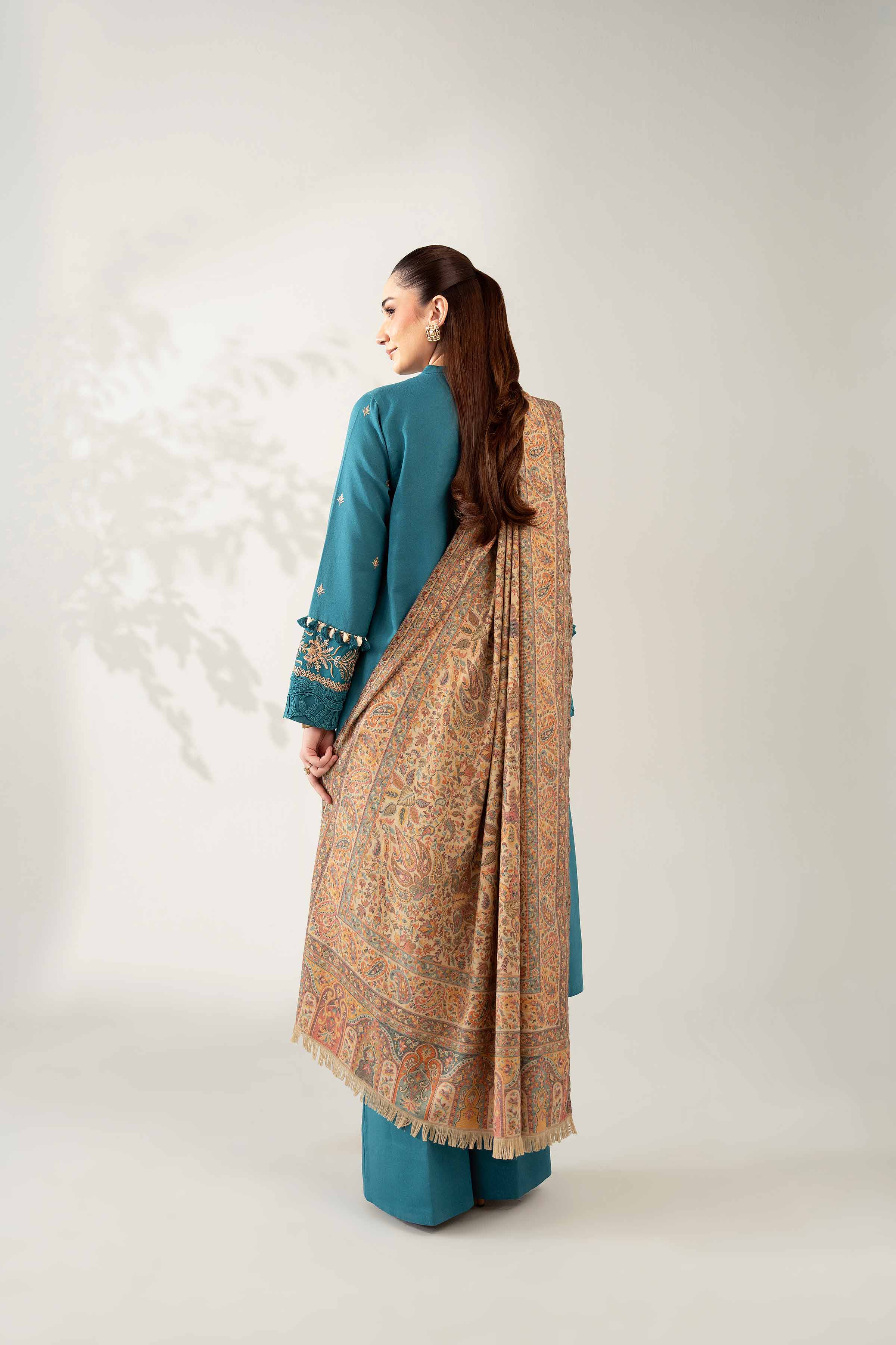NISHATUAE - Teal Embroidered Karandi 3-piece Unstitched Suit