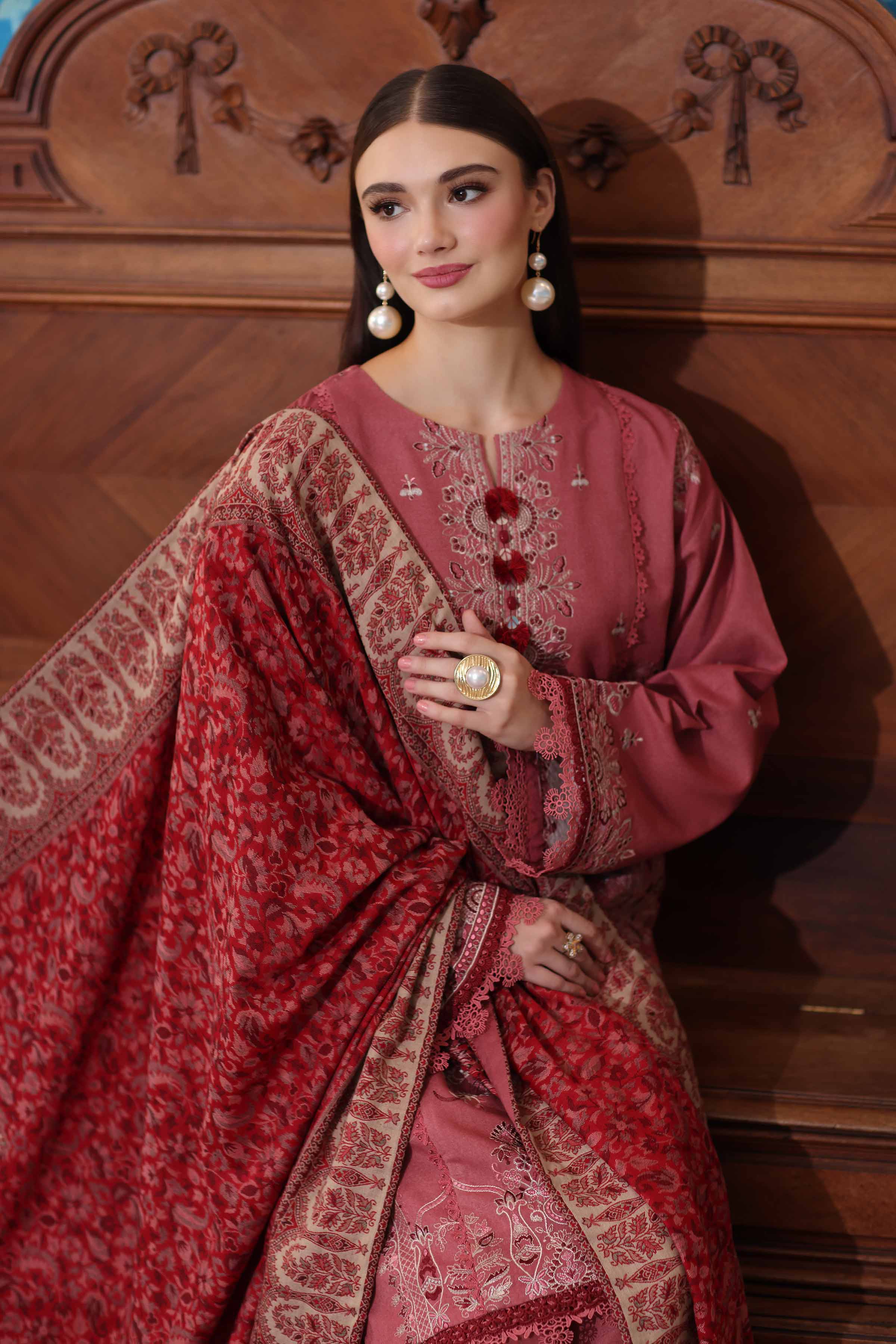 NISHATUAE - Pink Embroidered Karandi 3-piece Unstitched Suit