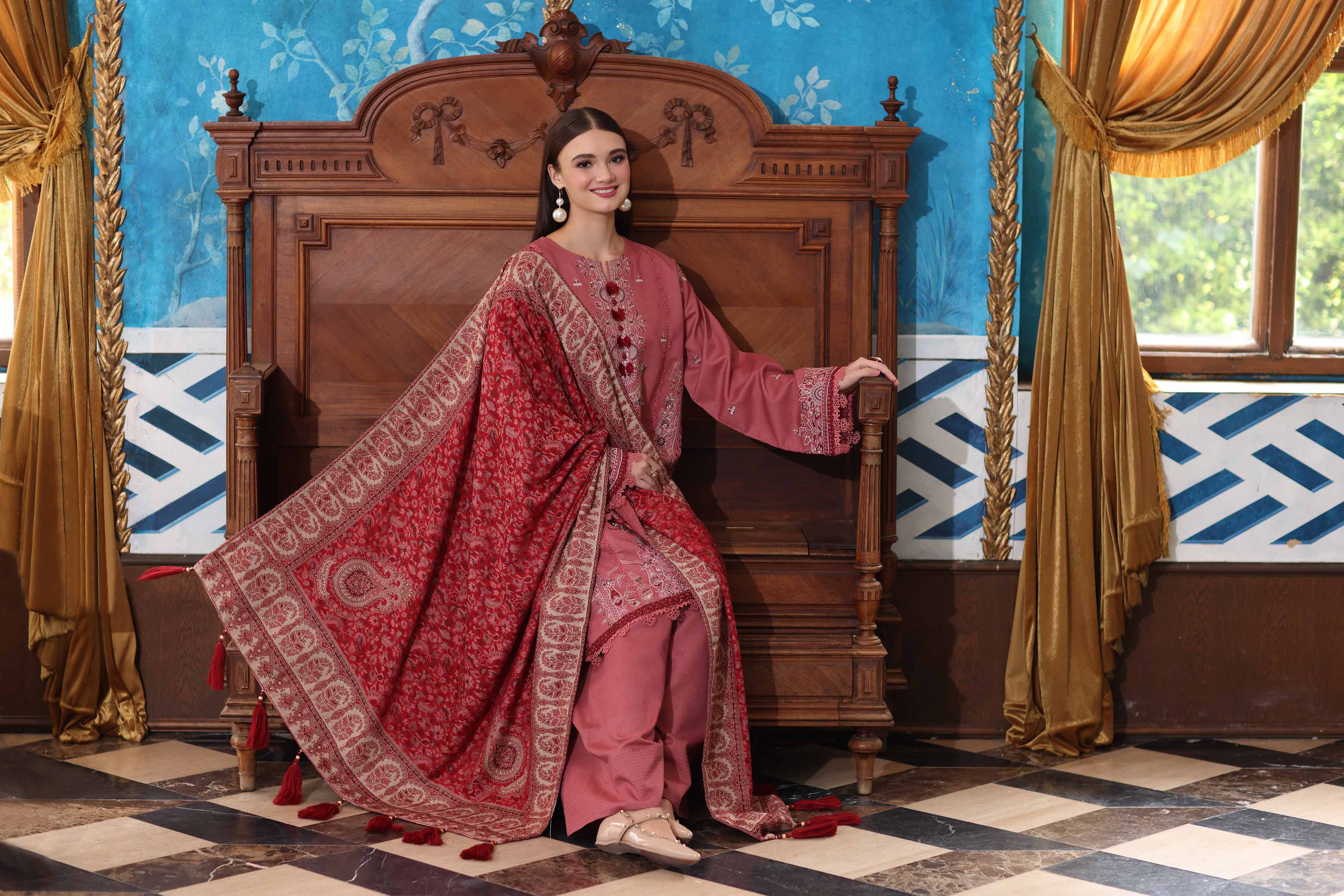 NISHATUAE - Pink Embroidered Karandi 3-piece Unstitched Suit