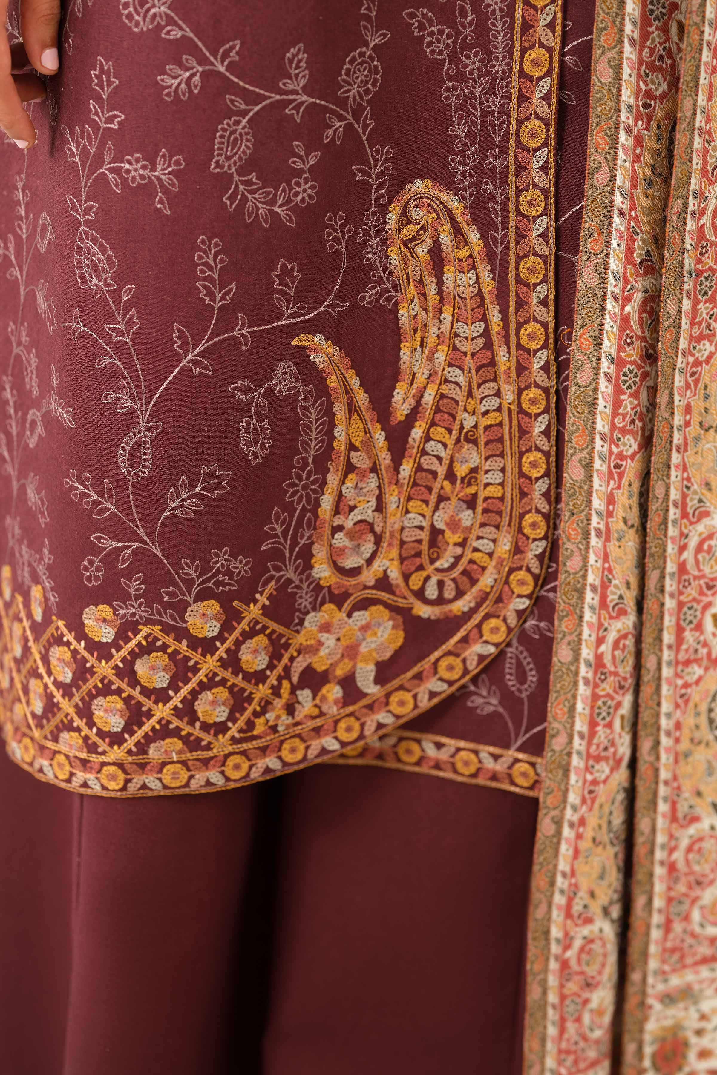NISHATUAE - Brown Embroidered Karandi 3-piece Unstitched Suit
