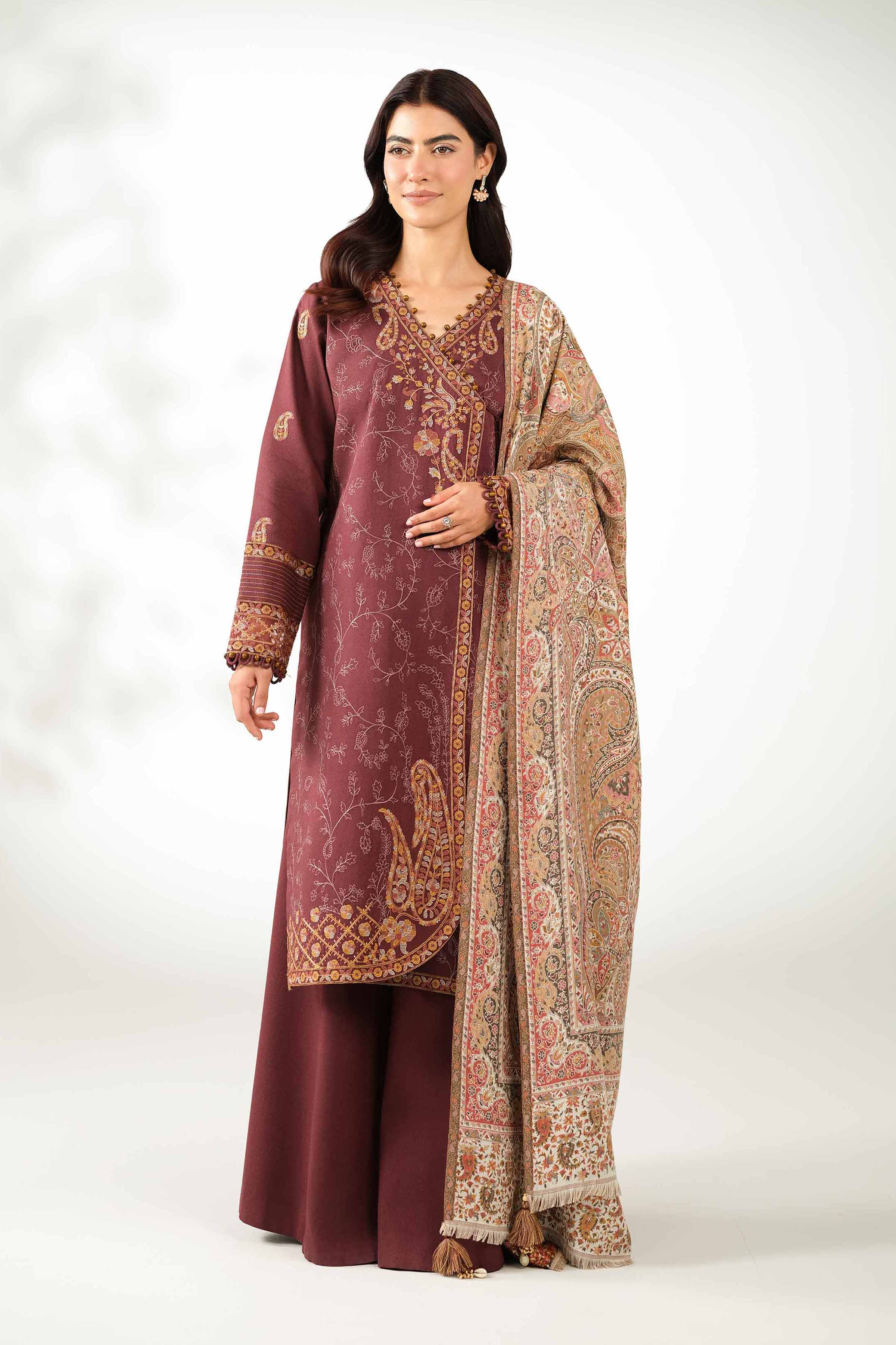 NISHATUAE - Brown Embroidered Karandi 3-piece Unstitched Suit