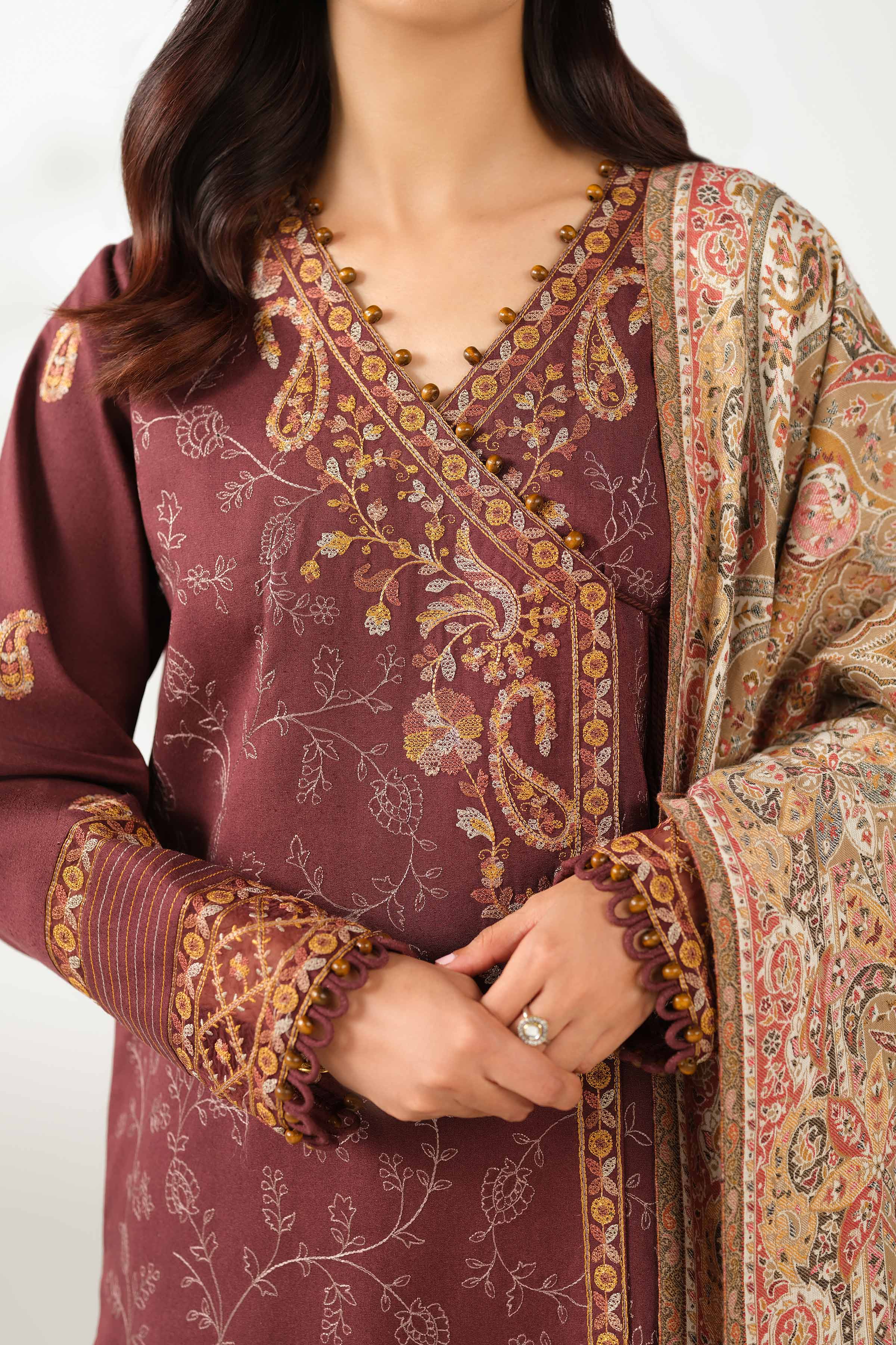 NISHATUAE - Brown Embroidered Karandi 3-piece Unstitched Suit
