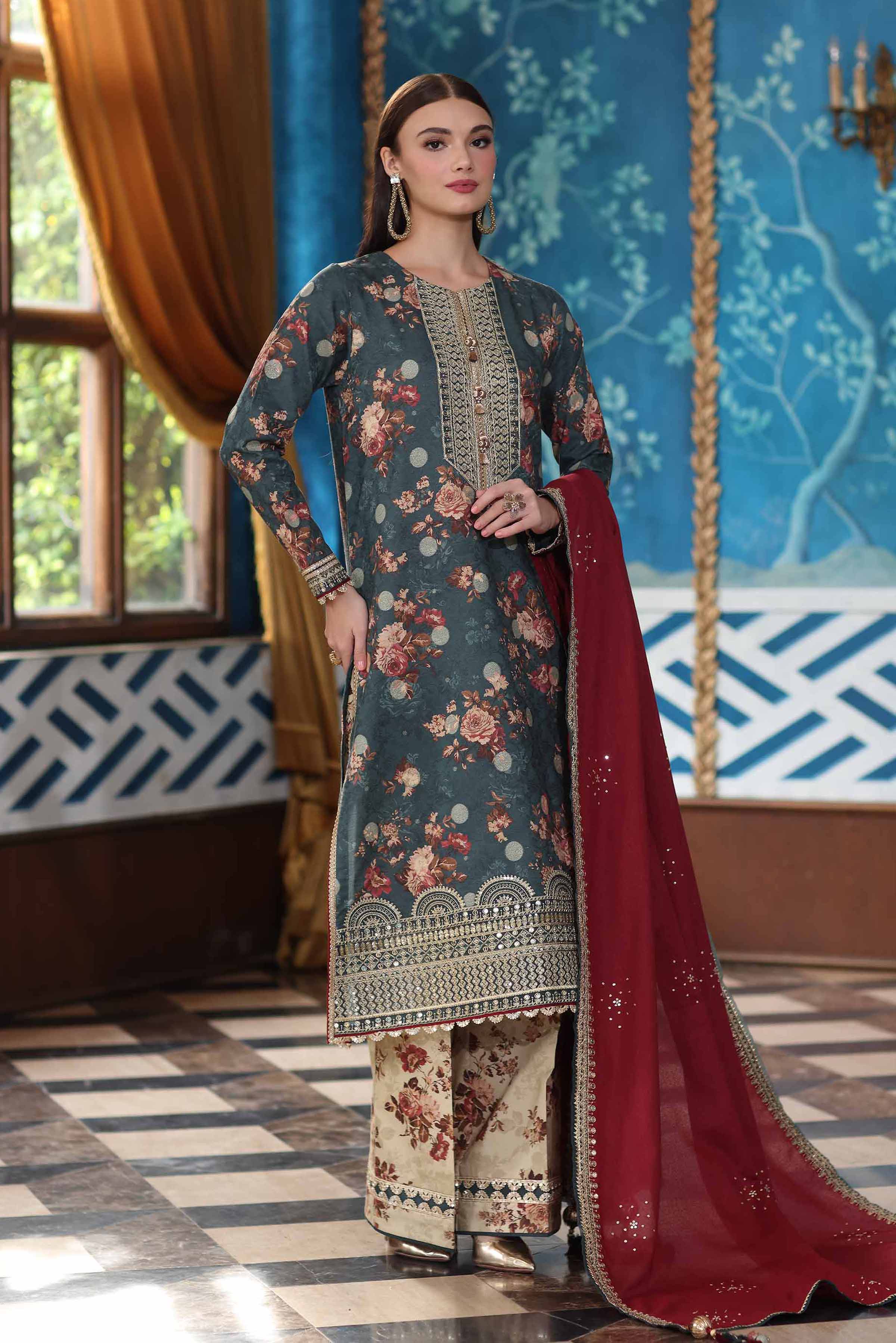 NISHATUAE - Green Embroidered Karandi 3-piece Unstitched Suit
